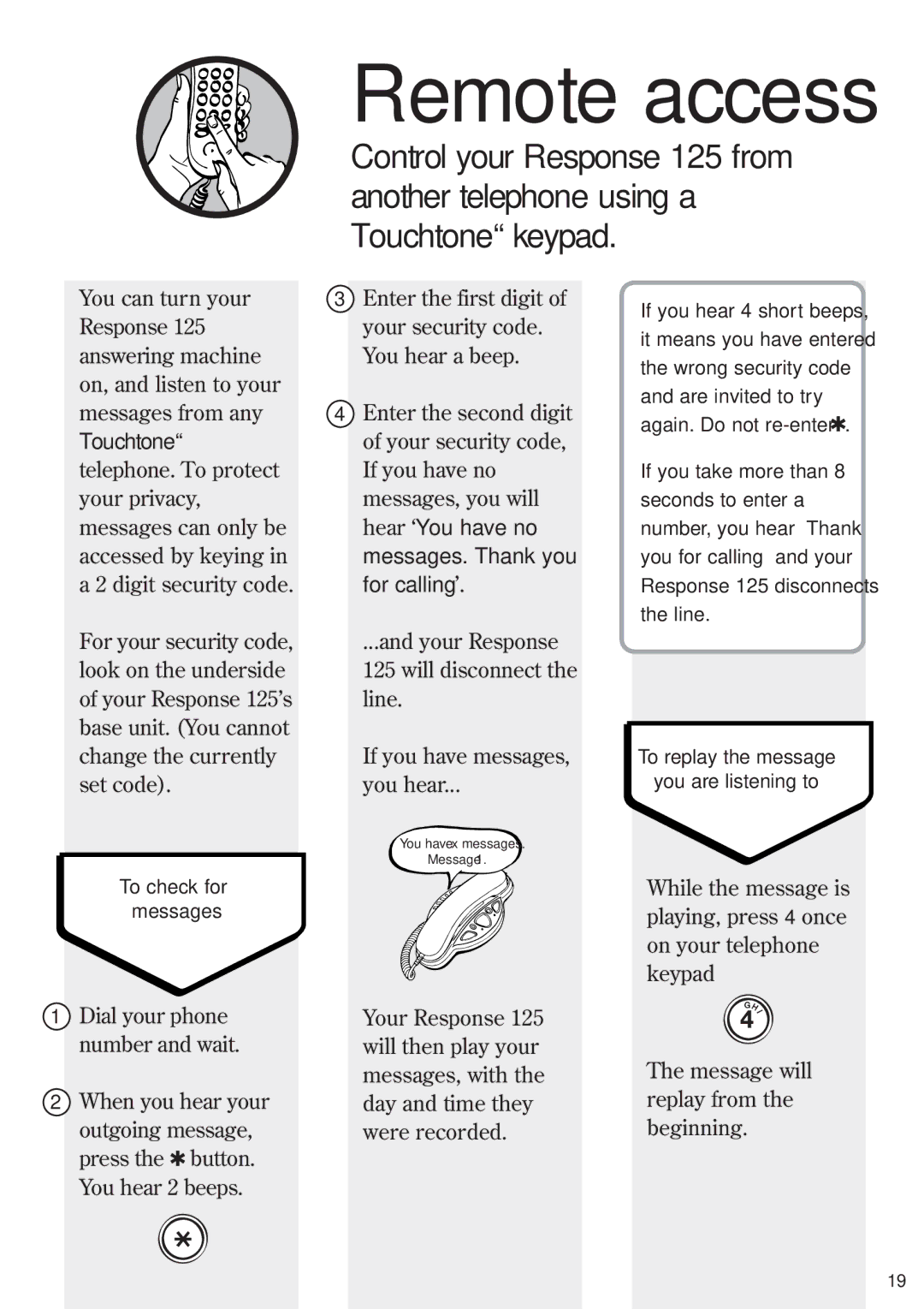 BT 125, Response Phone manual Remote access 