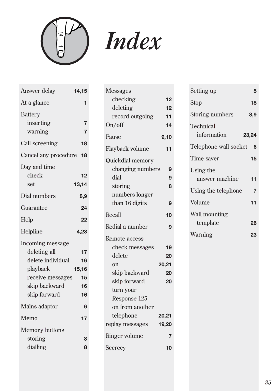 BT 125, Response Phone manual Index, Playback volume 