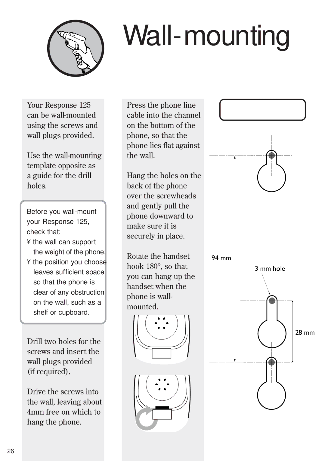 BT Response Phone, 125 manual Wall-mounting, 28 mm 