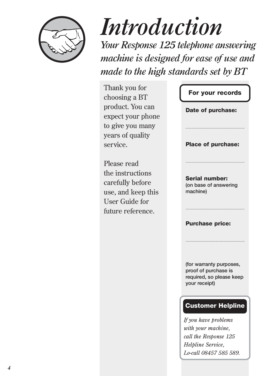 BT Response Phone, 125 manual Introduction, For your records 