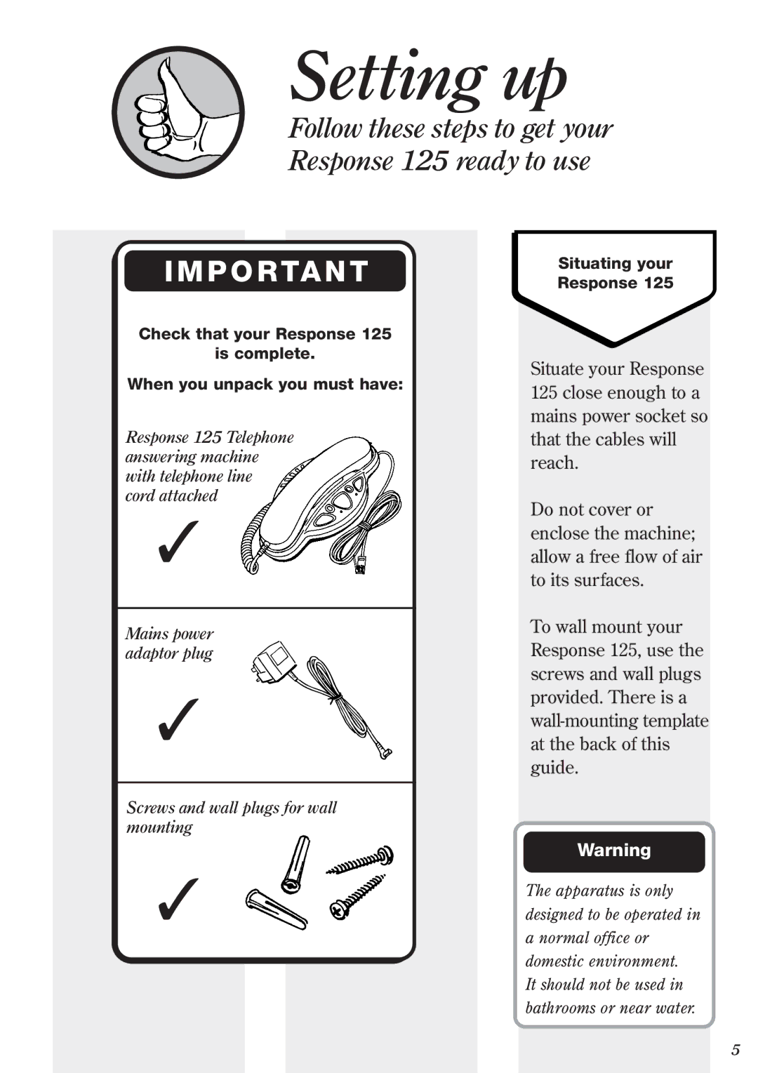 BT 125, Response Phone manual Setting up, P O Rta N T 