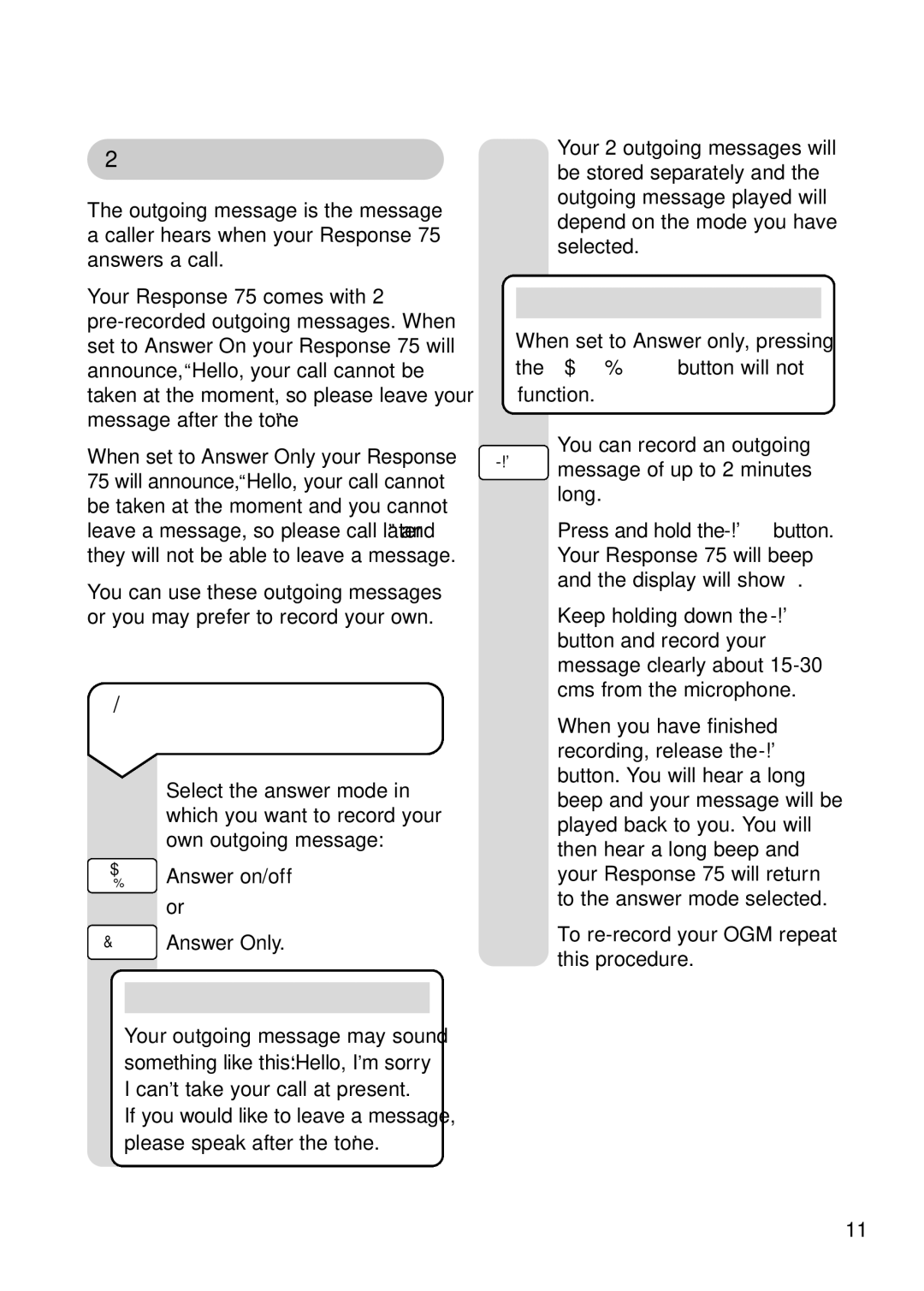 BT RESPONSE75 manual Outgoing message, To record your own outgoing message 