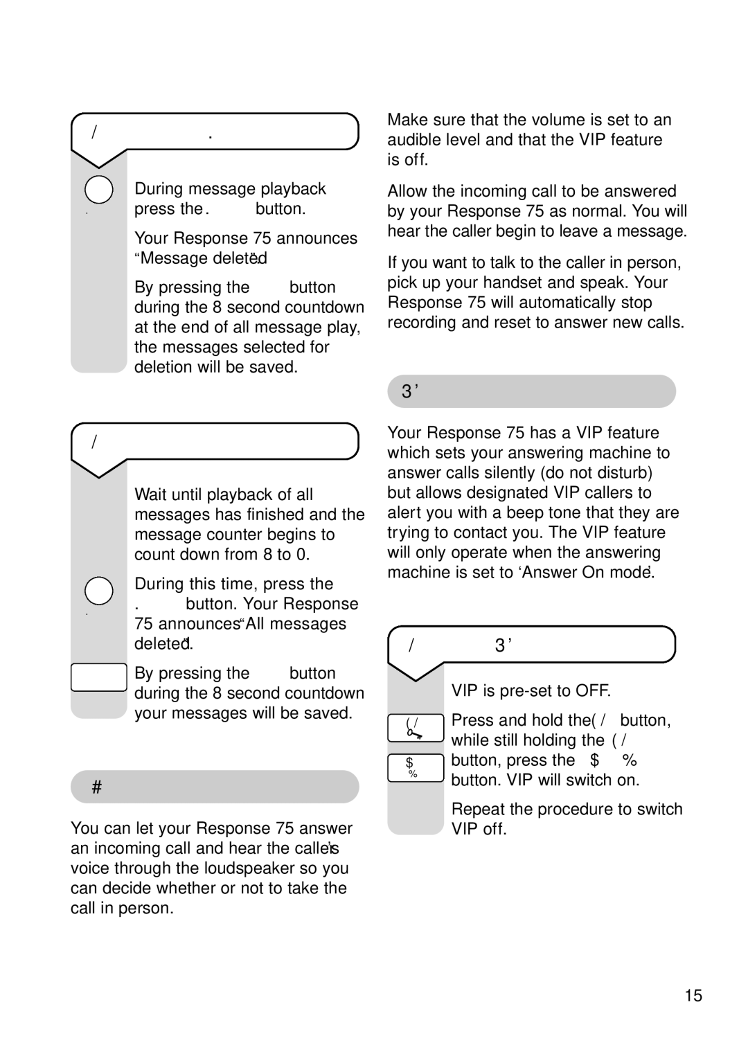 BT RESPONSE75 To delete individual messages, To delete all messages VIP feature, To switch VIP on and off, Call screening 