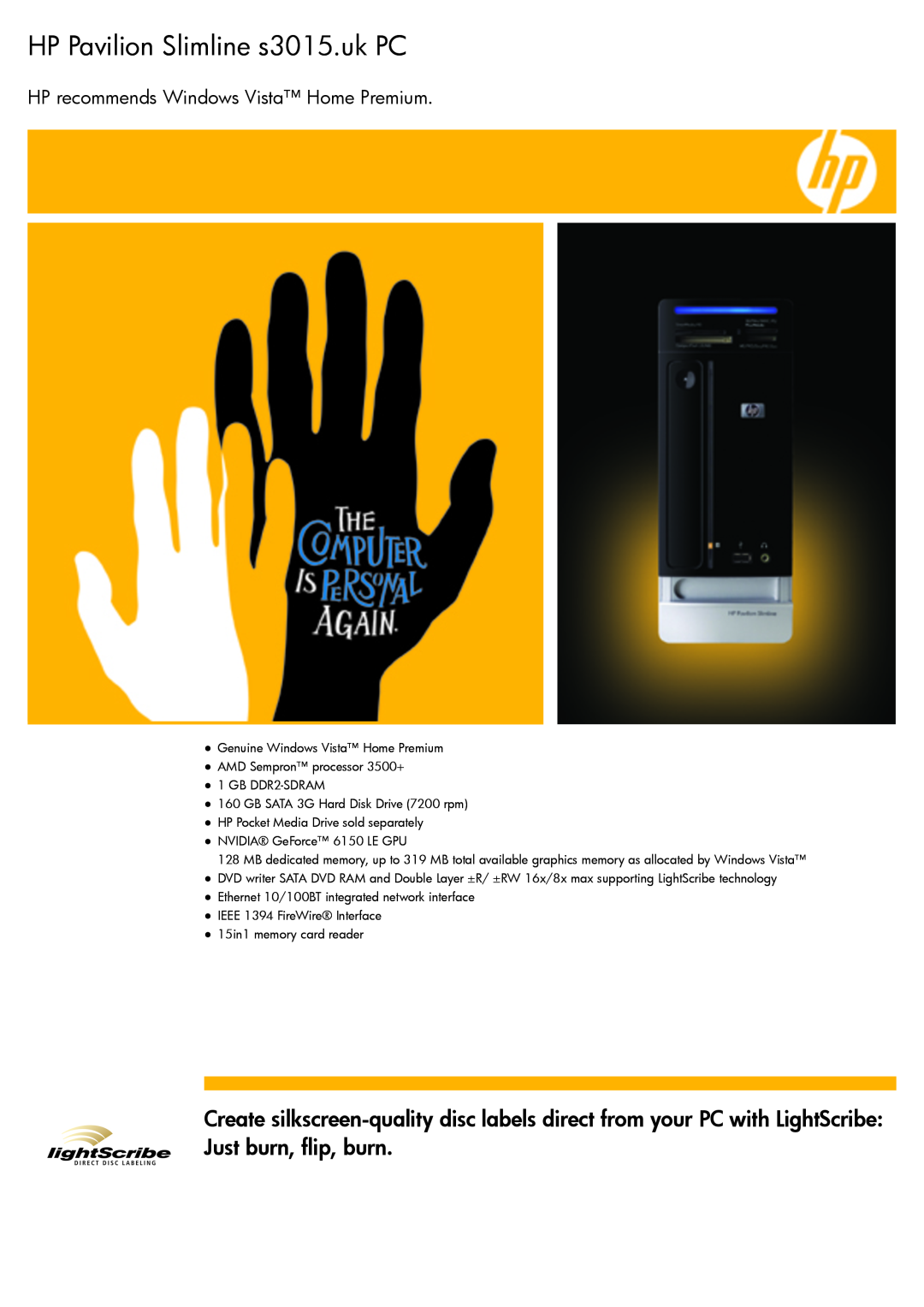 BT manual HP Pavilion Slimline s3015.uk PC, HP recommends Windows Vista Home Premium 