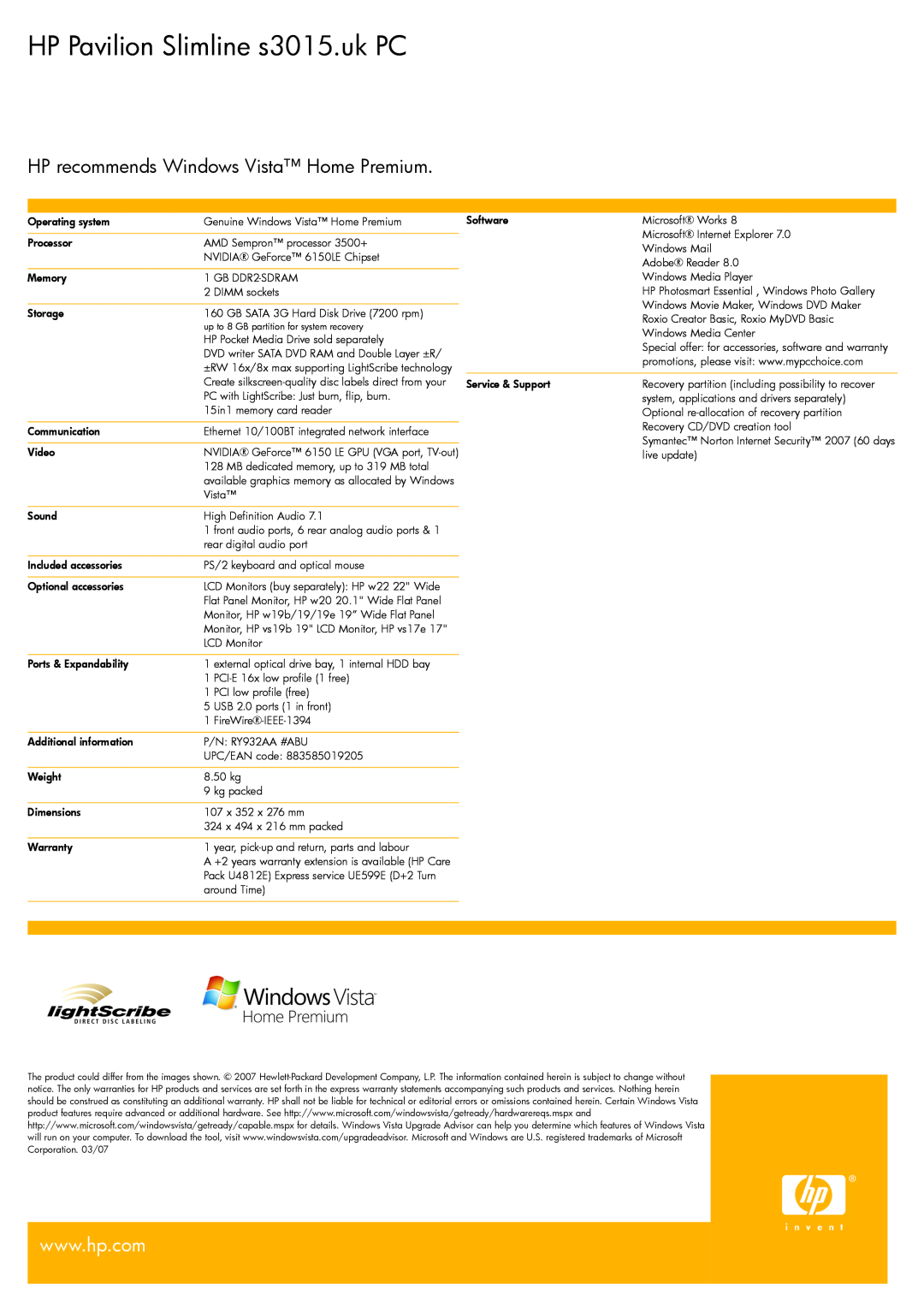 BT manual HP Pavilion Slimline s3015.uk PC, HP recommends Windows Vista Home Premium, Operating system 