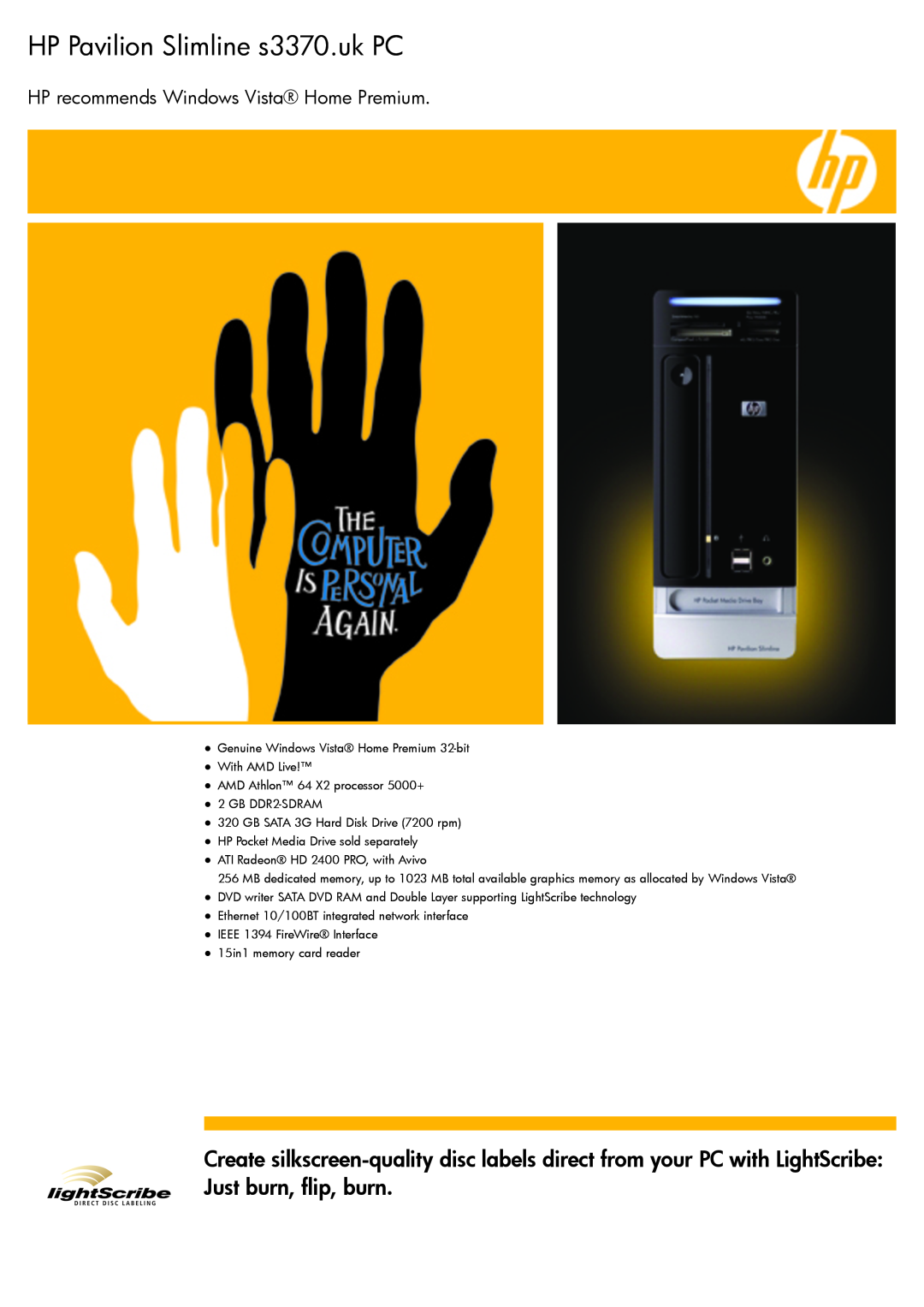BT manual HP Pavilion Slimline s3370.uk PC, HP recommends Windows Vista Home Premium 