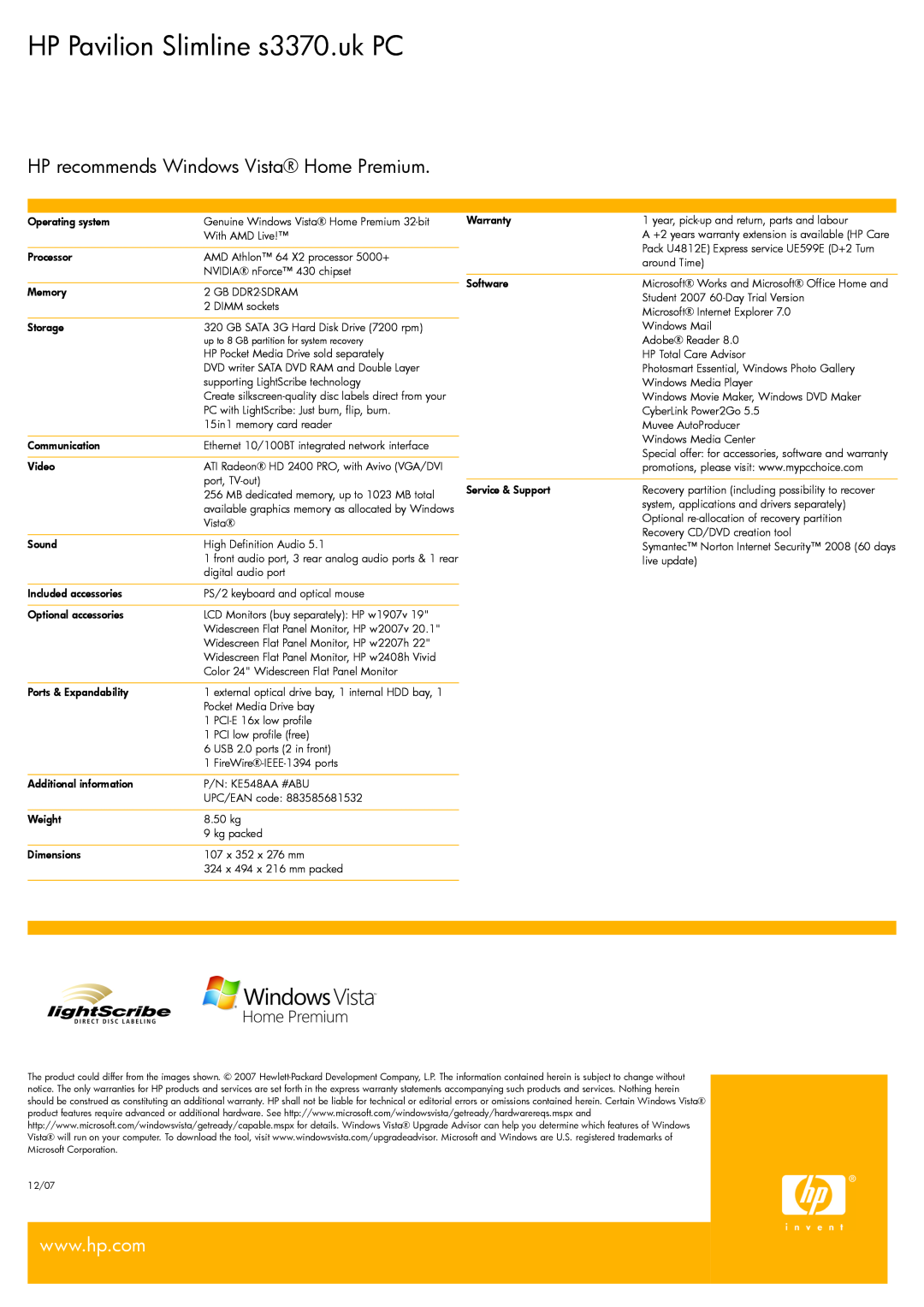 BT manual HP Pavilion Slimline s3370.uk PC, HP recommends Windows Vista Home Premium, Operating system 