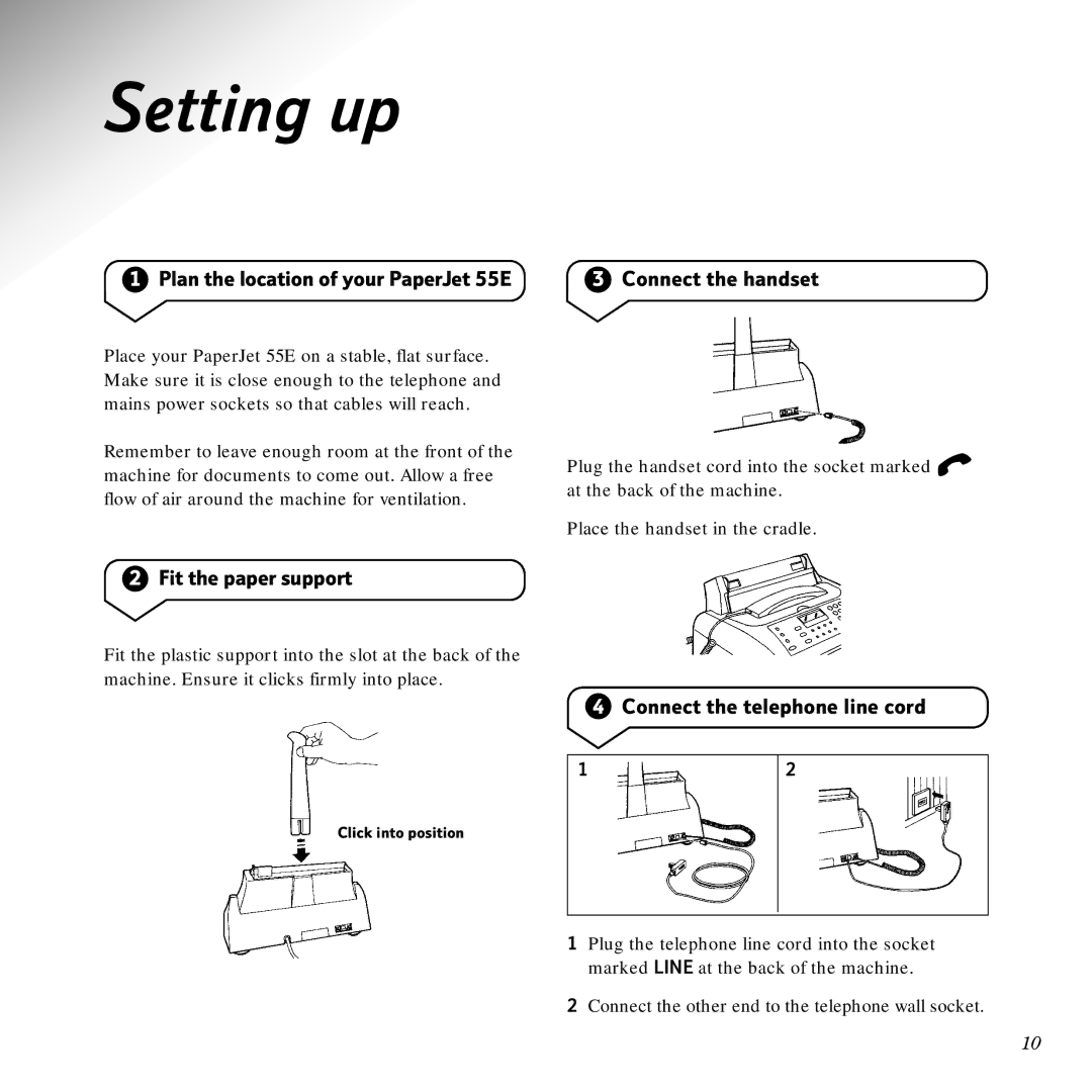 BT Scanner, Copier, PaperJet 55E manual Setting up, Fit the paper support, Connect the telephone line cord 