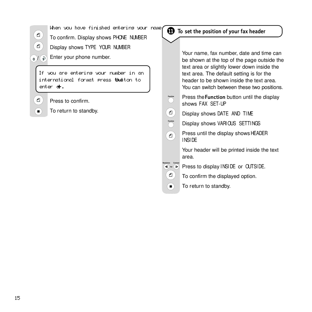 BT PaperJet 55E To set the position of your fax header, Display shows Type Your Number, Display shows Various Settings 