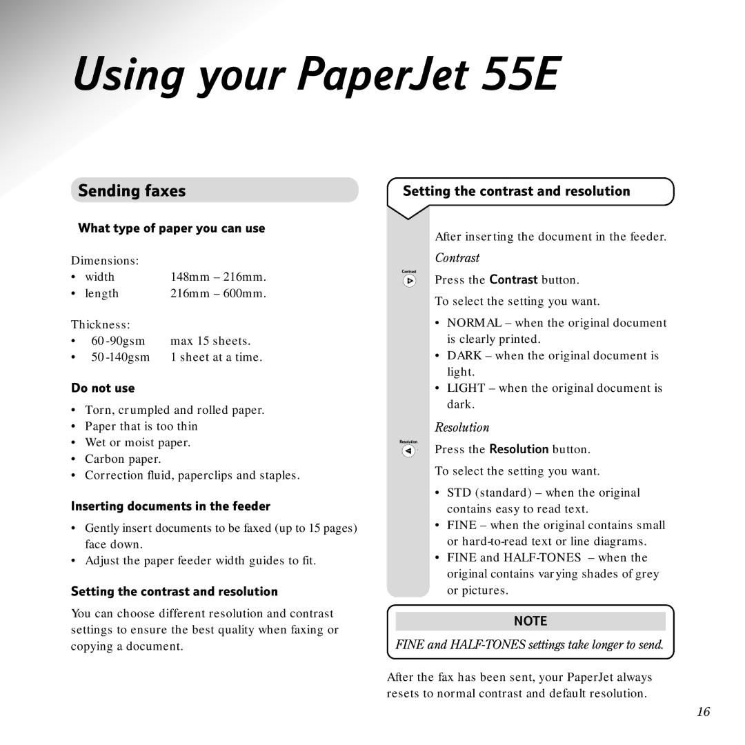 BT Scanner, Copier manual Using your PaperJet 55E, Sending faxes, Setting the contrast and resolution 