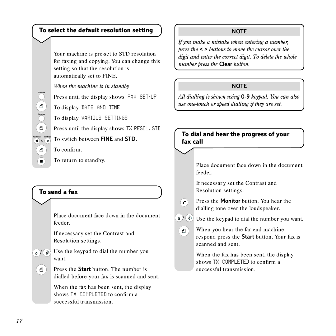 BT Copier, Scanner To select the default resolution setting, To send a fax, To dial and hear the progress of your fax call 