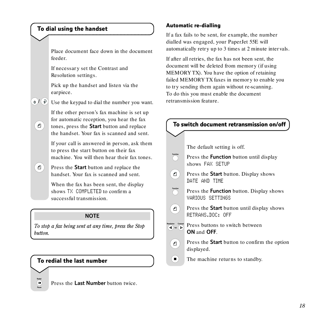 BT 55E To dial using the handset, To redial the last number, To switch document retransmission on/off, Various Settings 