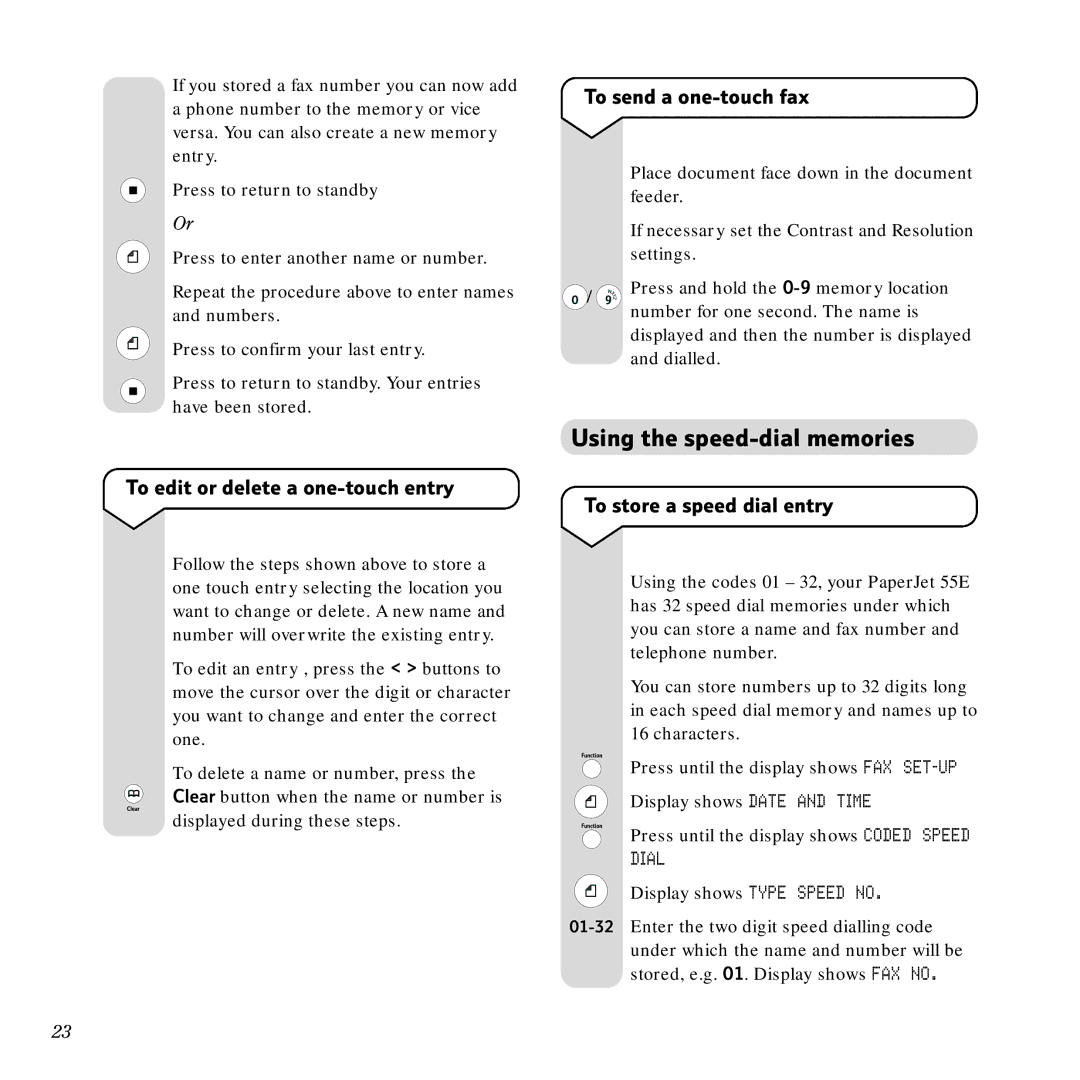 BT PaperJet 55E, Scanner, Copier Using the speed-dial memories, To edit or delete a one-touch entry To send a one-touch fax 