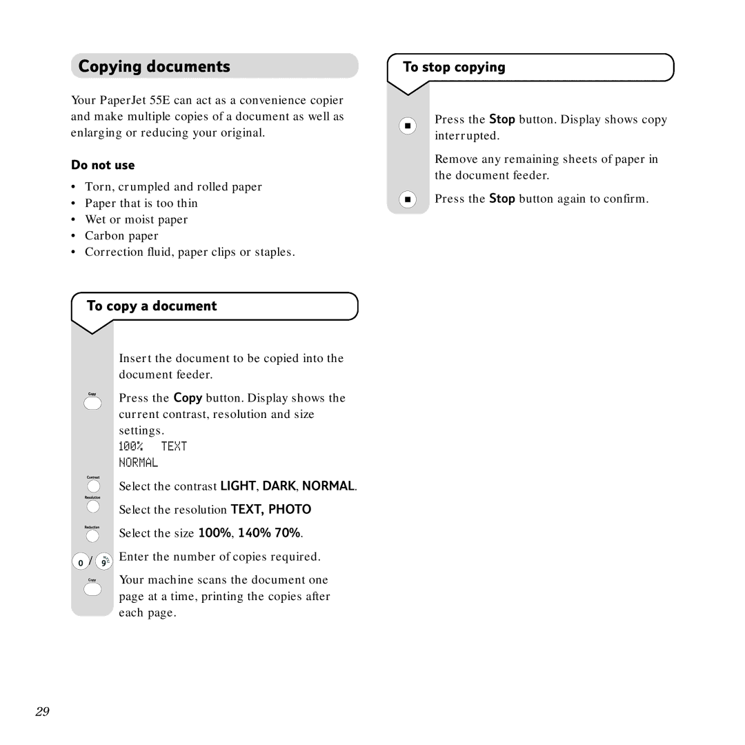 BT Copier, Scanner, PaperJet 55E manual Copying documents, To copy a document, To stop copying, 100% Text Normal 