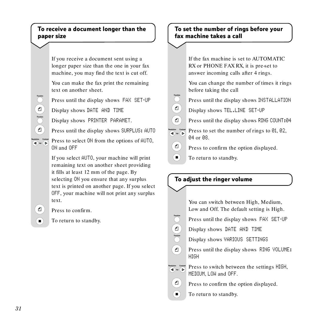 BT PaperJet 55E, Scanner, Copier manual To receive a document longer than the paper size, To adjust the ringer volume, High 