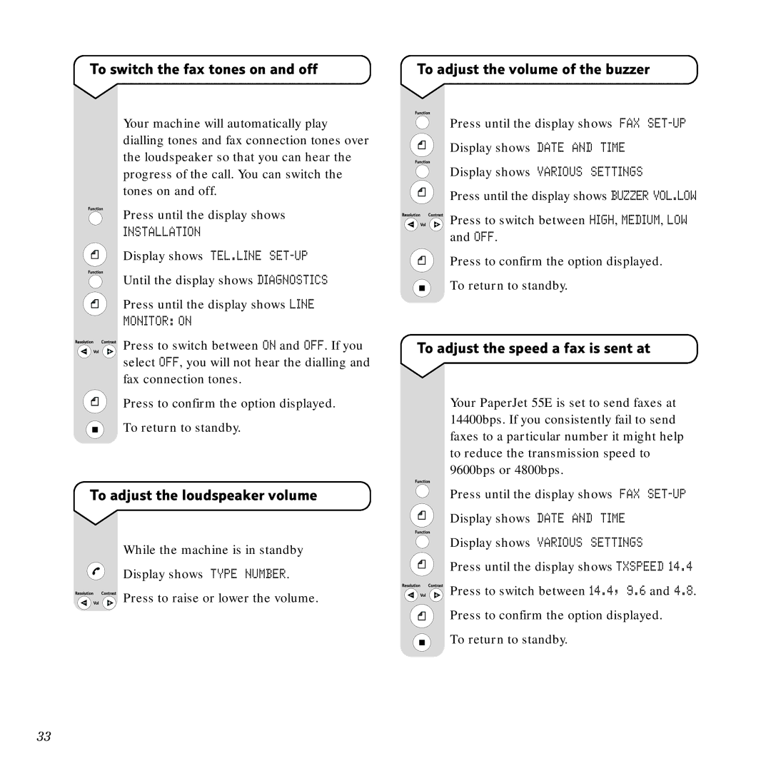 BT Copier, 55E To switch the fax tones on and off, To adjust the loudspeaker volume, To adjust the volume of the buzzer 
