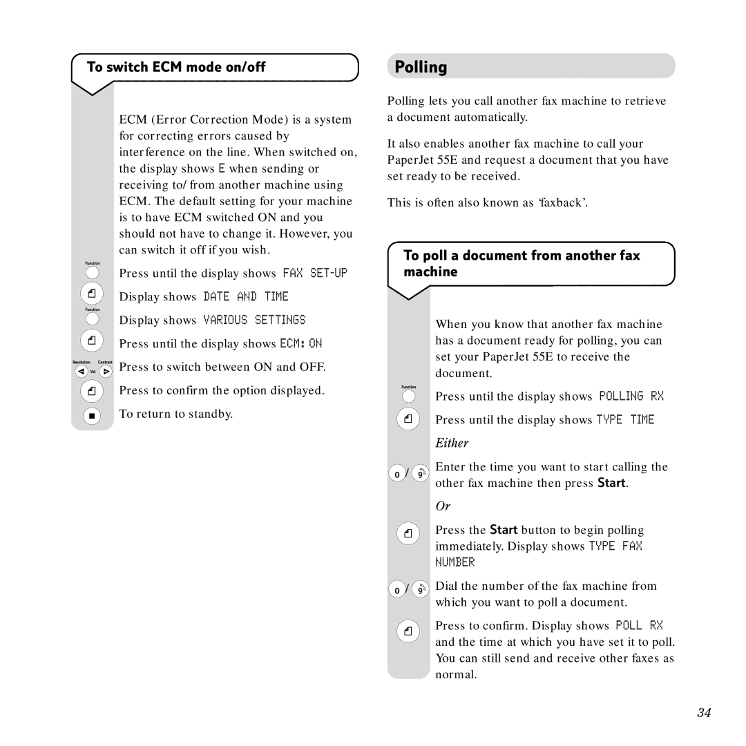 BT 55E, Scanner, Copier manual Polling, To switch ECM mode on/off, To poll a document from another fax machine, Number 