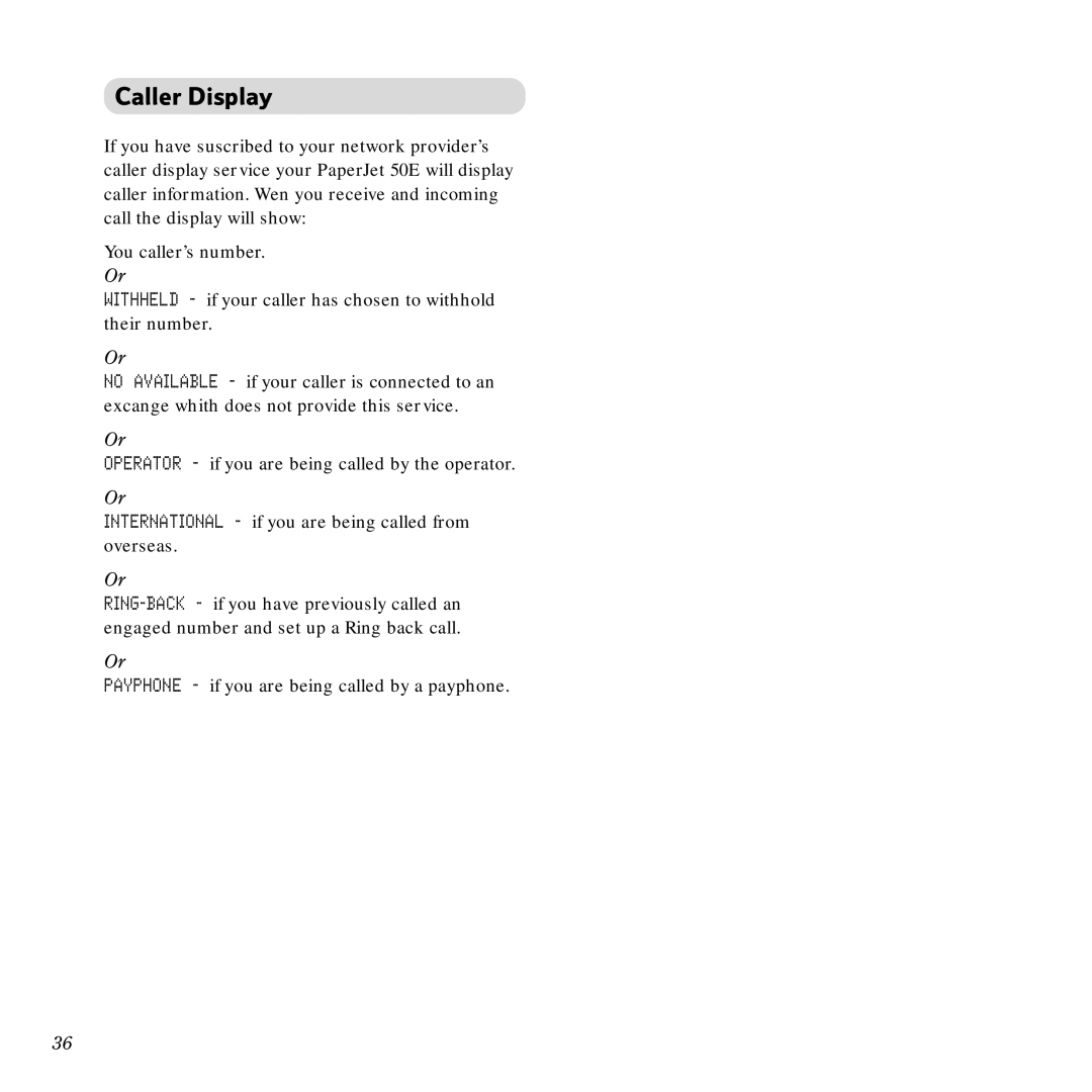 BT Scanner, Copier, PaperJet 55E manual Caller Display 