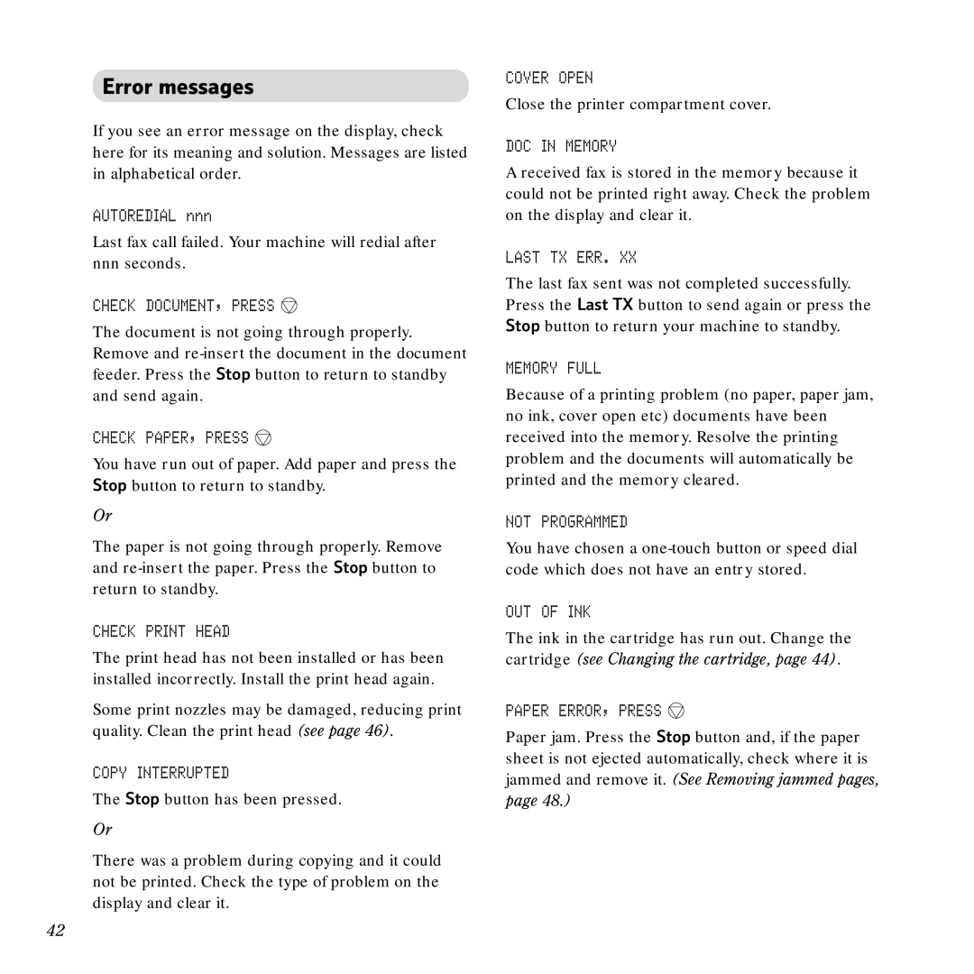 BT Scanner, Copier, PaperJet 55E manual Error messages 