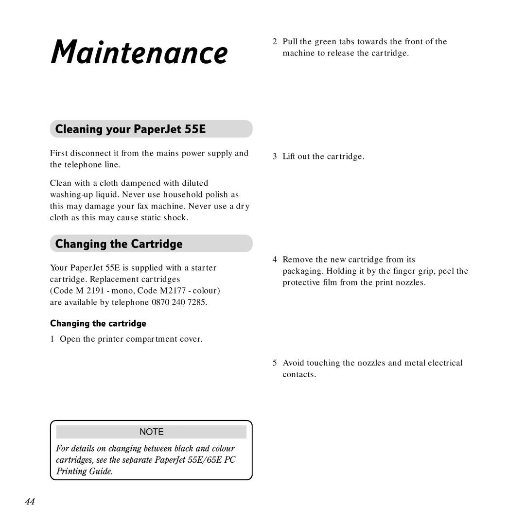 BT Scanner, Copier manual Maintenance, Cleaning your PaperJet 55E, Changing the Cartridge, Changing the cartridge 