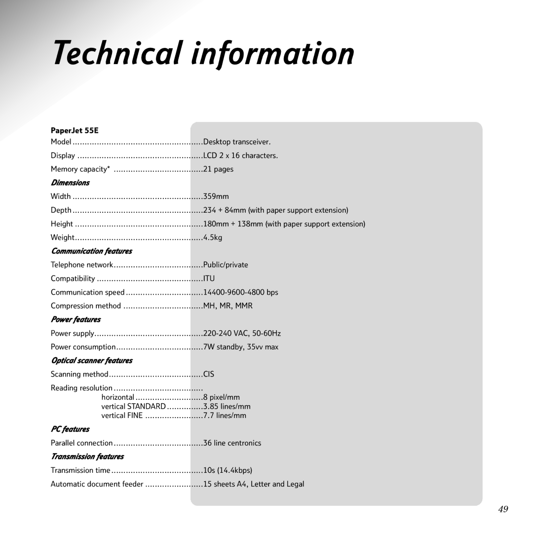 BT Copier, Scanner, PaperJet 55E manual Technical information, Dimensions 