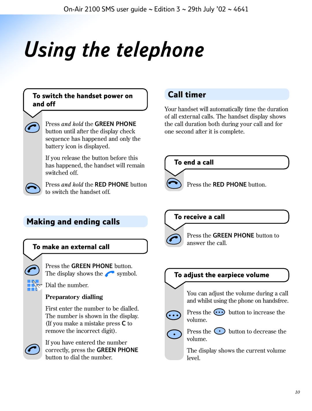 BT SMS manual Using the telephone, Call timer, Making and ending calls 