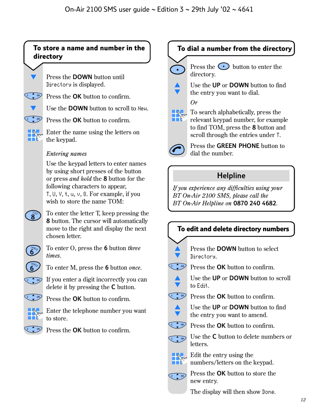 BT SMS manual To edit and delete directory numbers, Entering names 