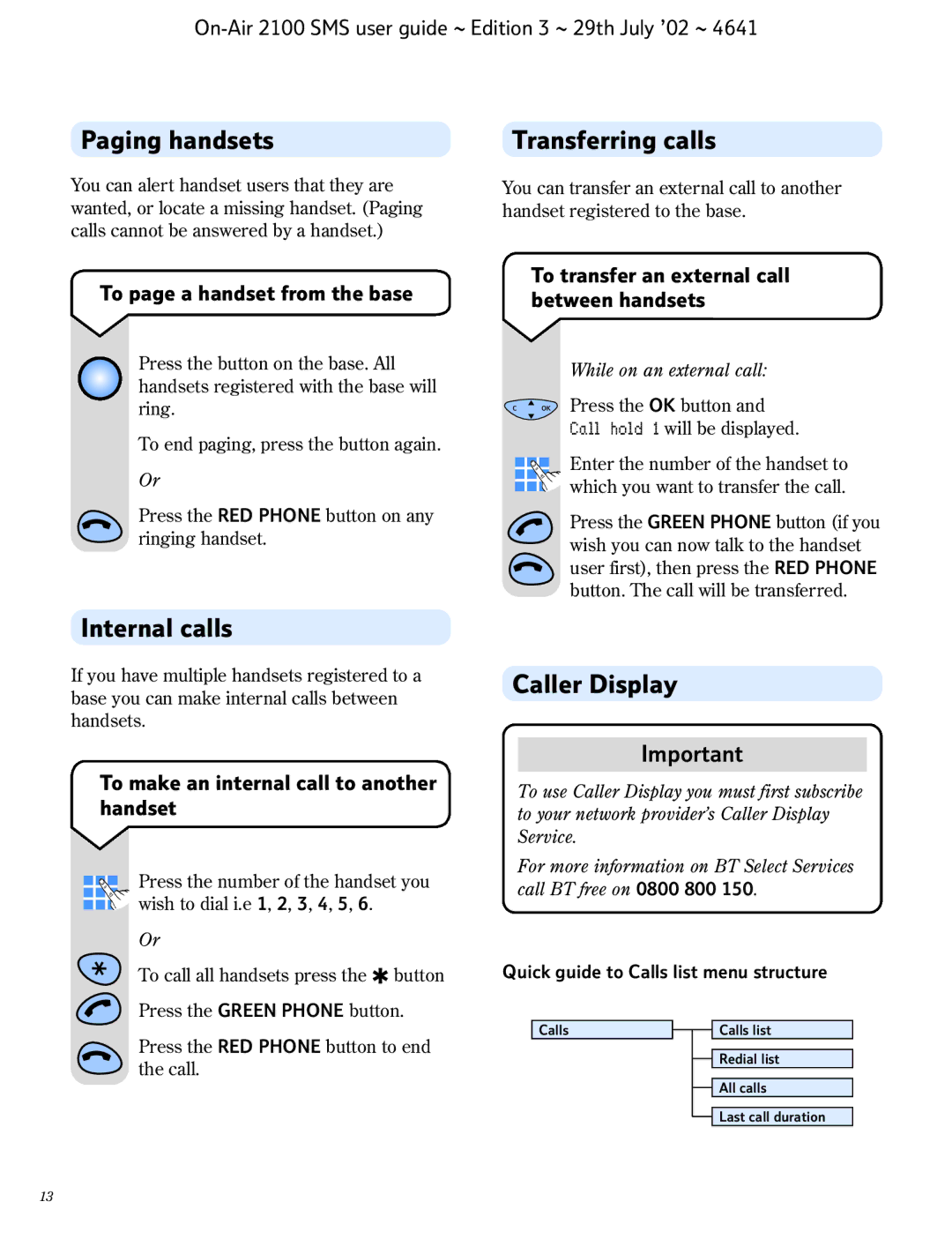 BT SMS manual Paging handsets, Internal calls, Caller Display 