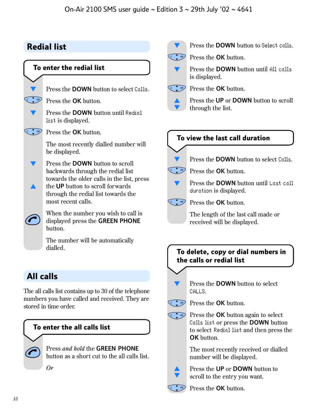 BT SMS manual Redial list, All calls 