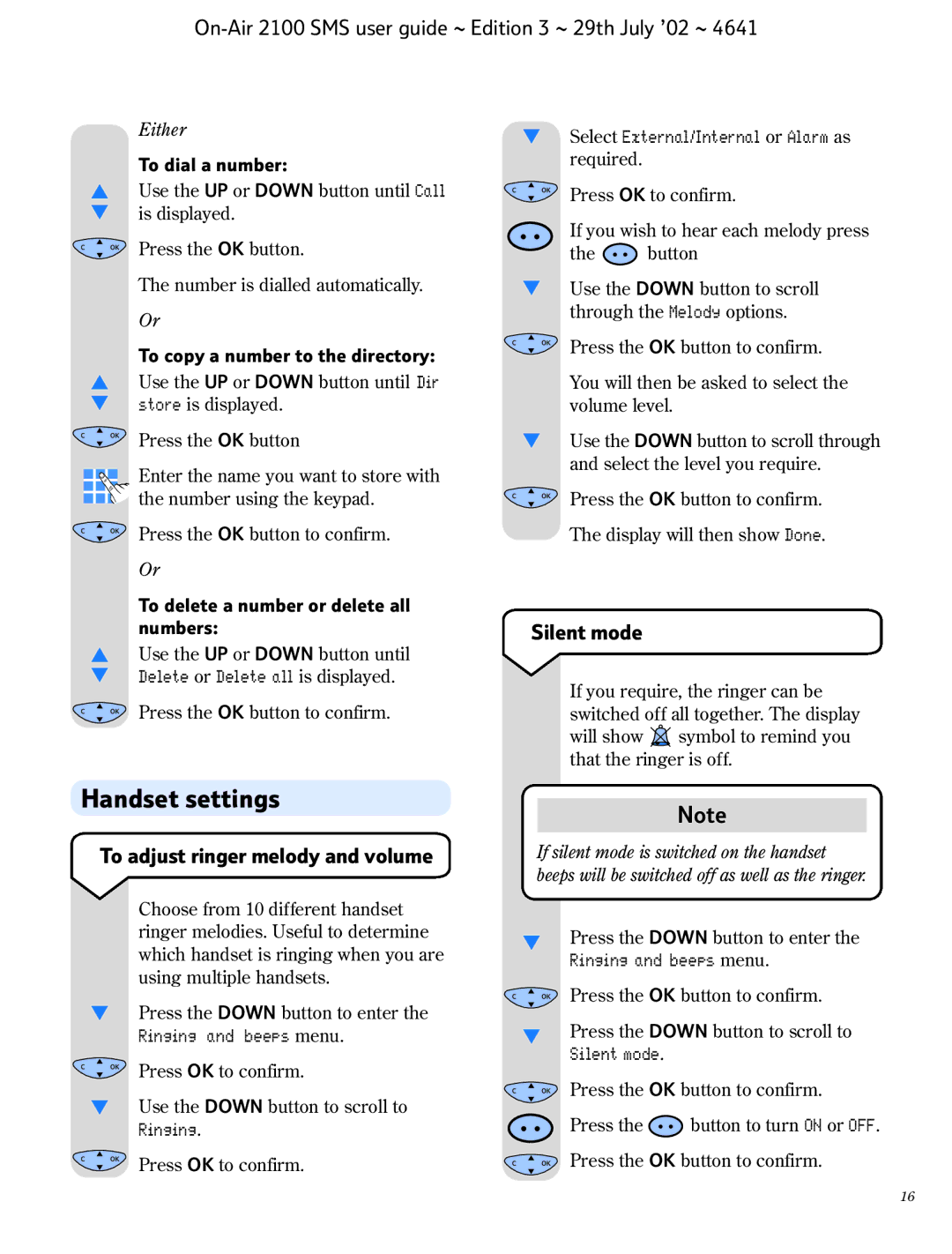 BT SMS manual Handset settings, Silent mode, To adjust ringer melody and volume 