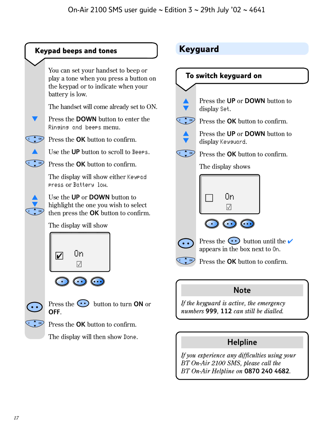 BT SMS manual Keyguard, To switch keyguard on 