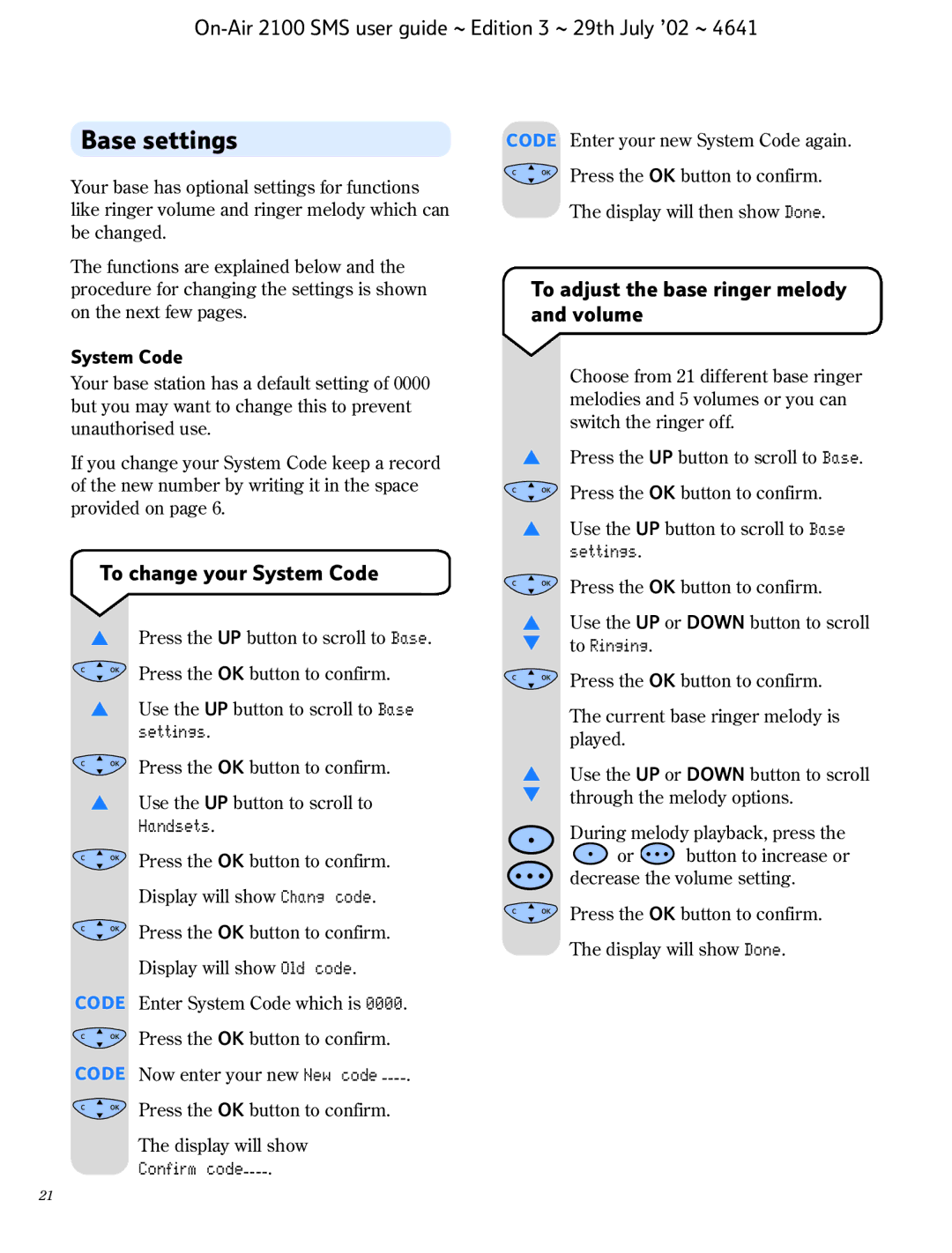 BT SMS manual Base settings, To adjust the base ringer melody and volume, To change your System Code 