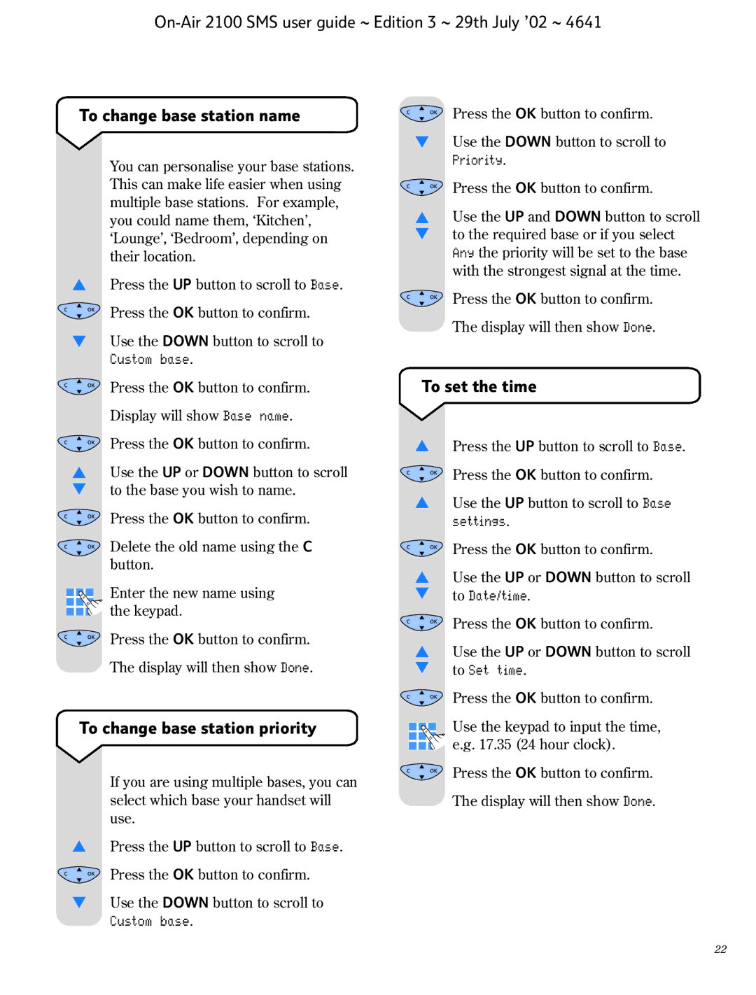 BT SMS manual To set the time, To change base station priority 