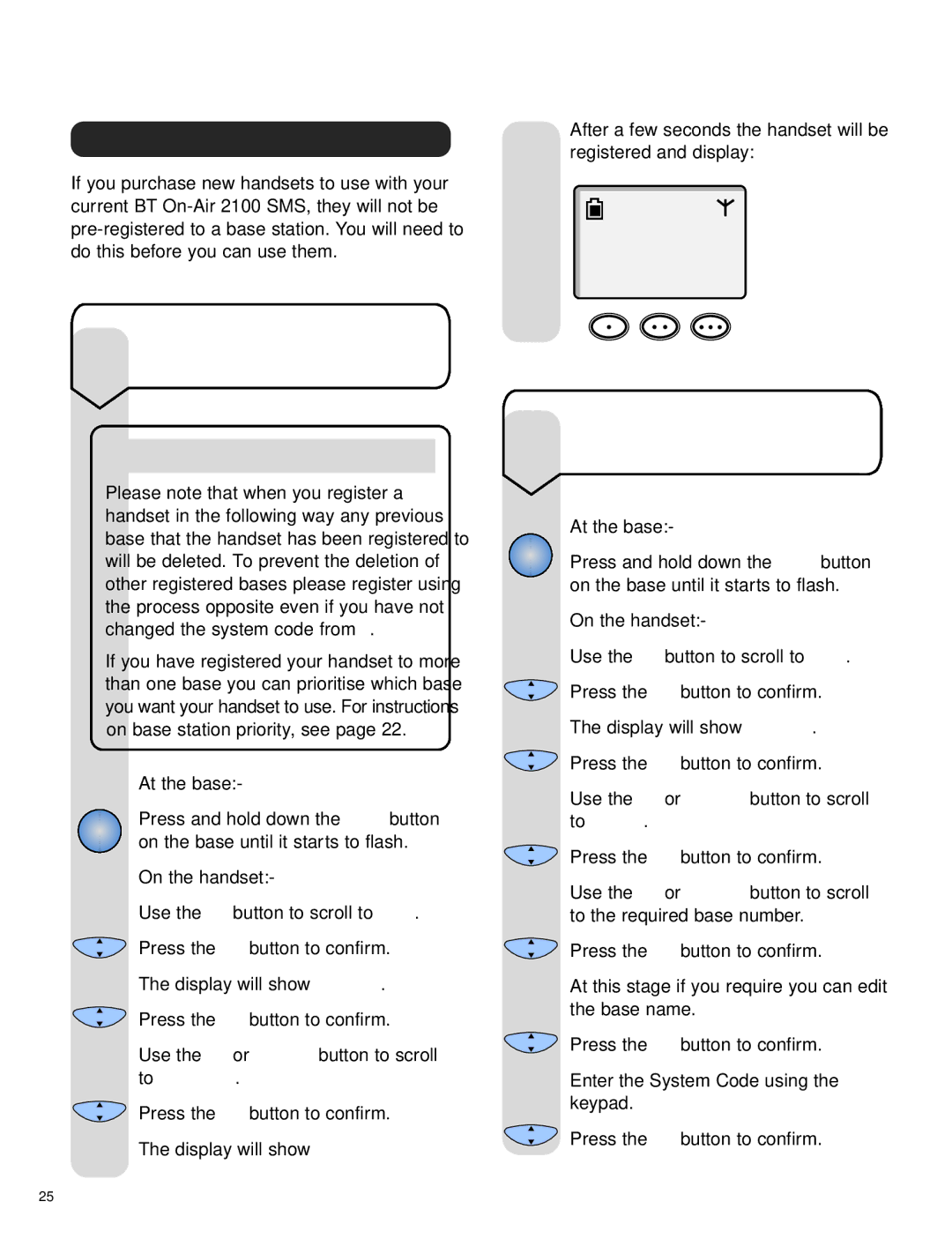 BT SMS manual Base Handset, Registering additional handsets 