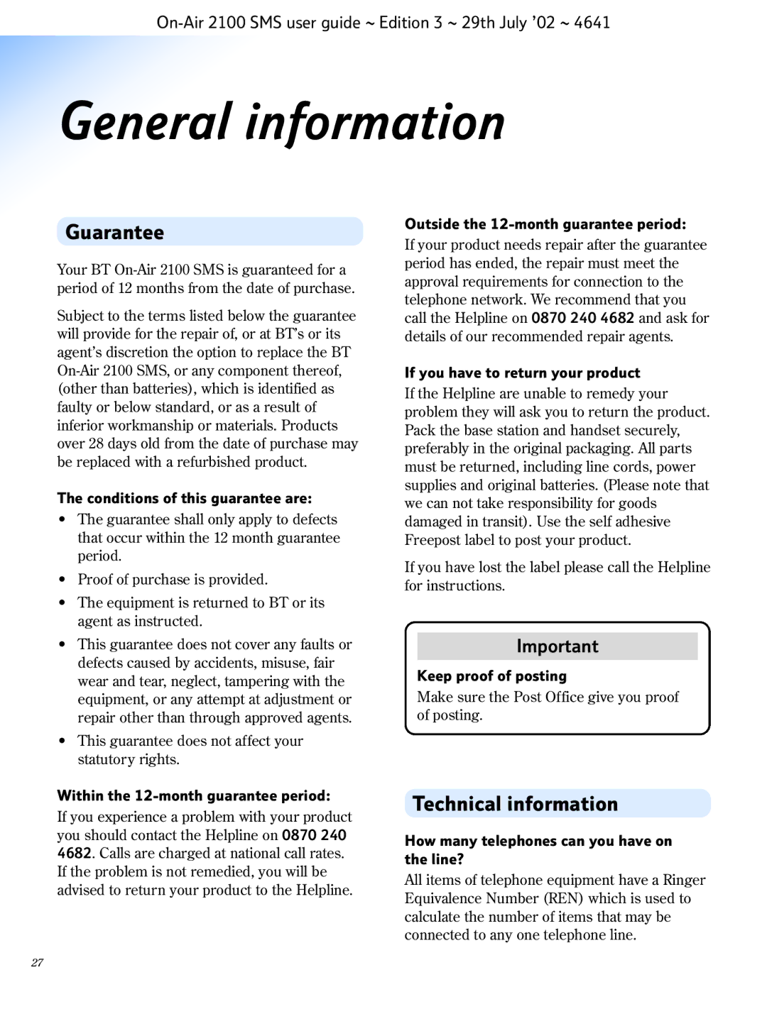 BT SMS manual General information, Guarantee, Technical information 