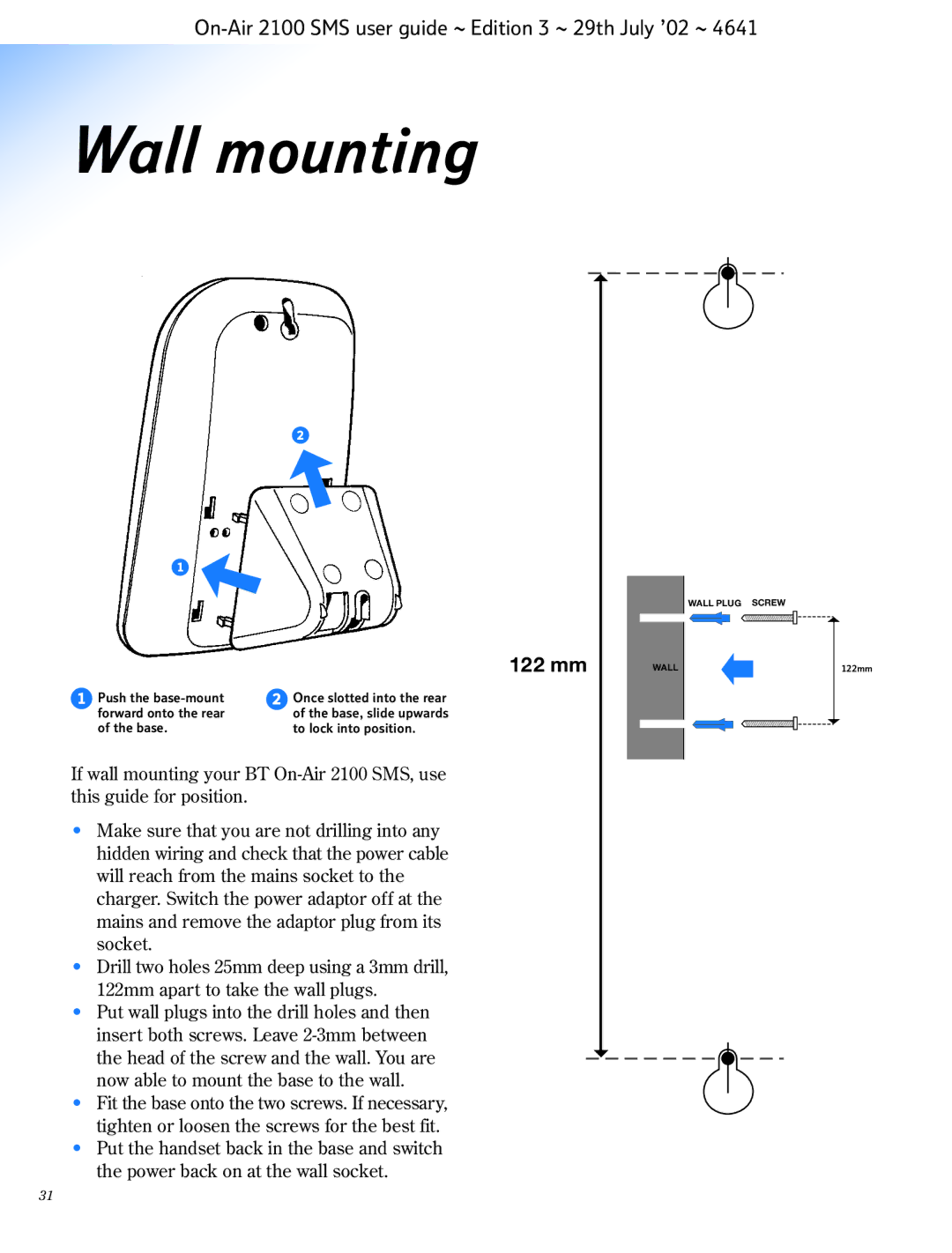 BT SMS manual Wall mounting, 122 mm 