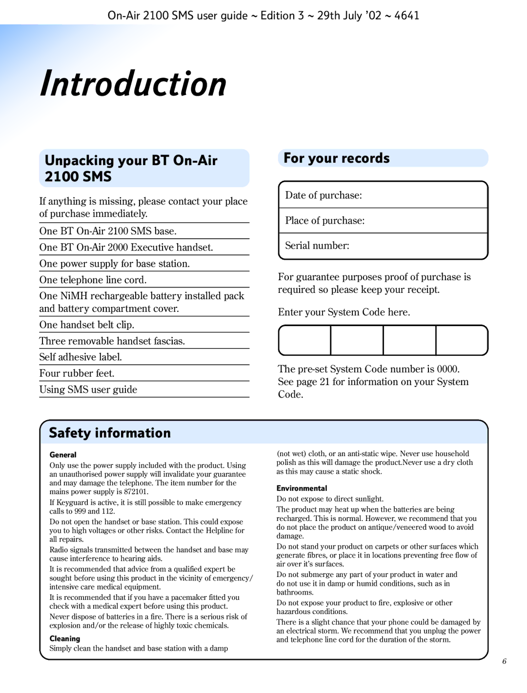 BT manual Introduction, Unpacking your BT On-Air 2100 SMS, For your records, Safety information 