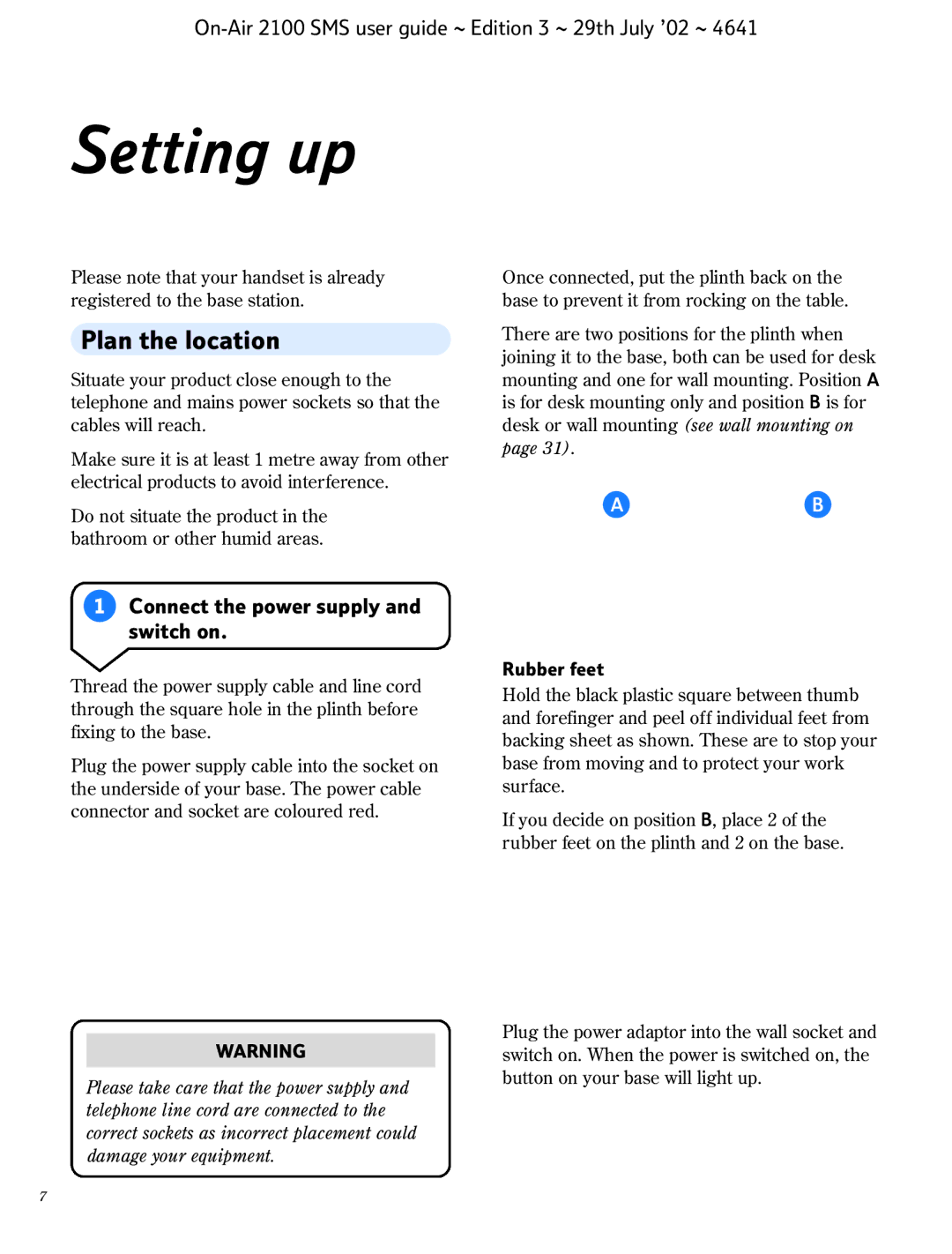 BT SMS manual Setting up, Plan the location, Connect the power supply and switch on 