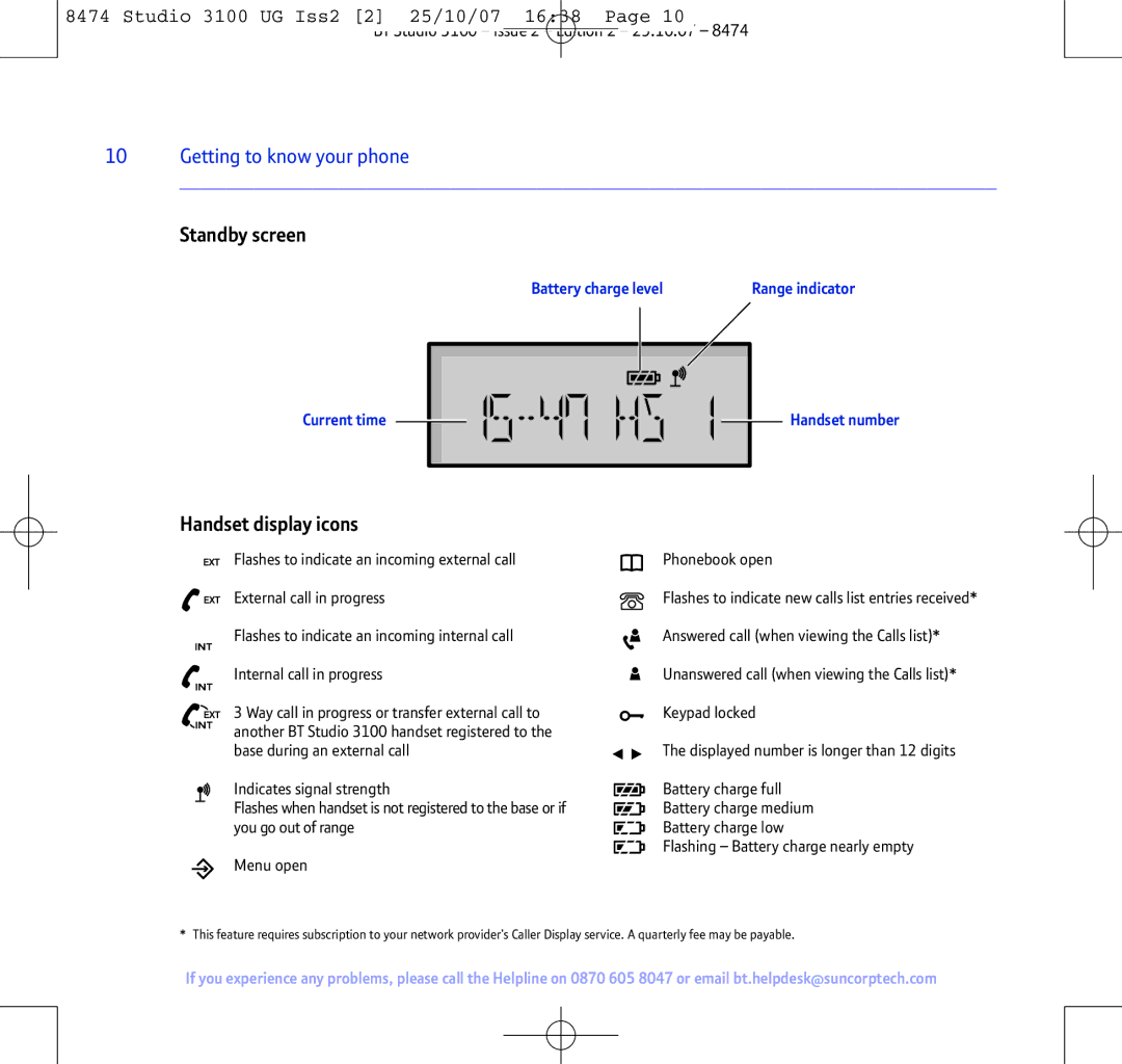 BT Studio 3100 manual Standby screen, Handset display icons, Current time Battery charge level, Handset number 