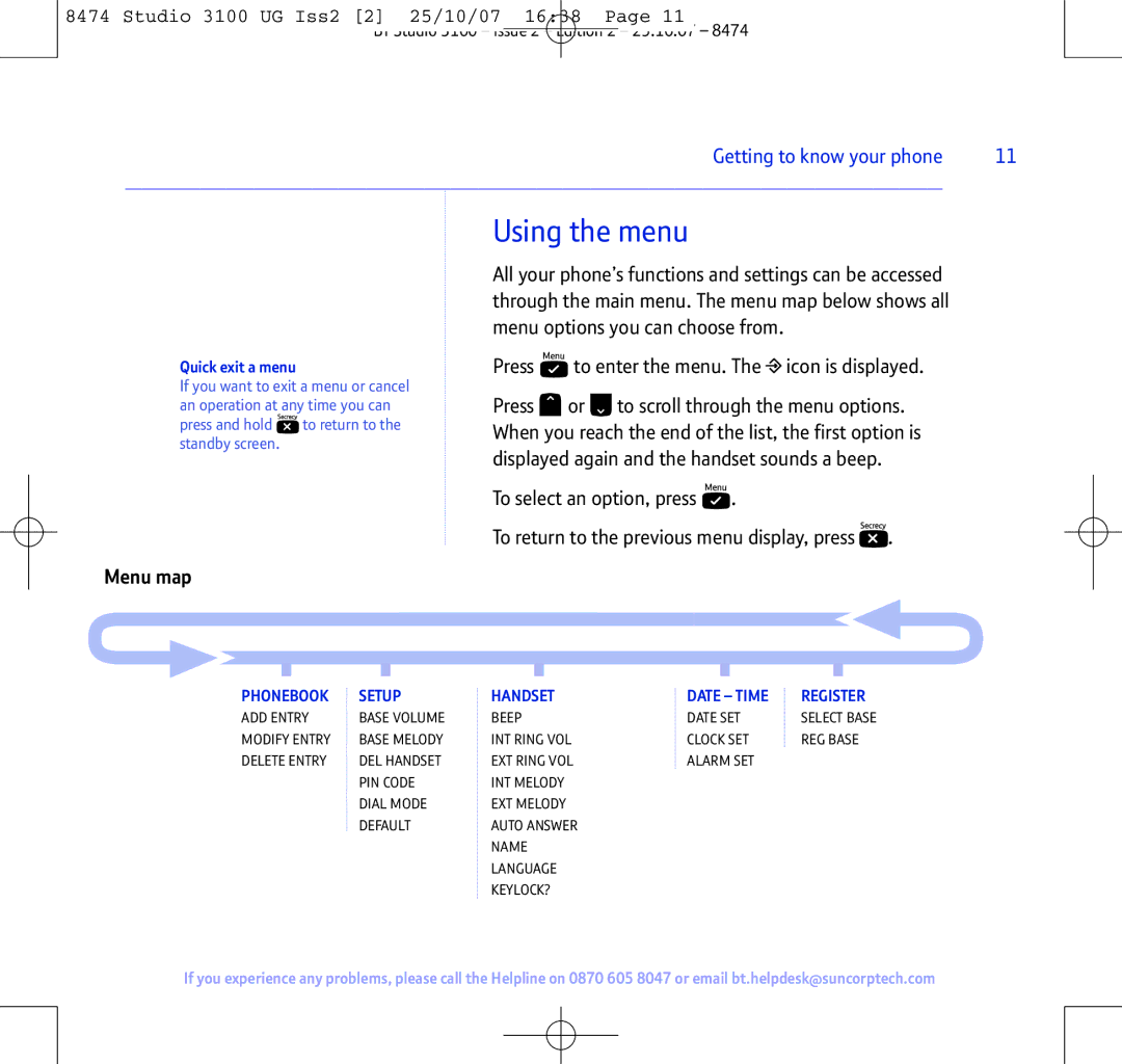 BT Studio 3100 manual Using the menu, Menu map, Quick exit a menu 