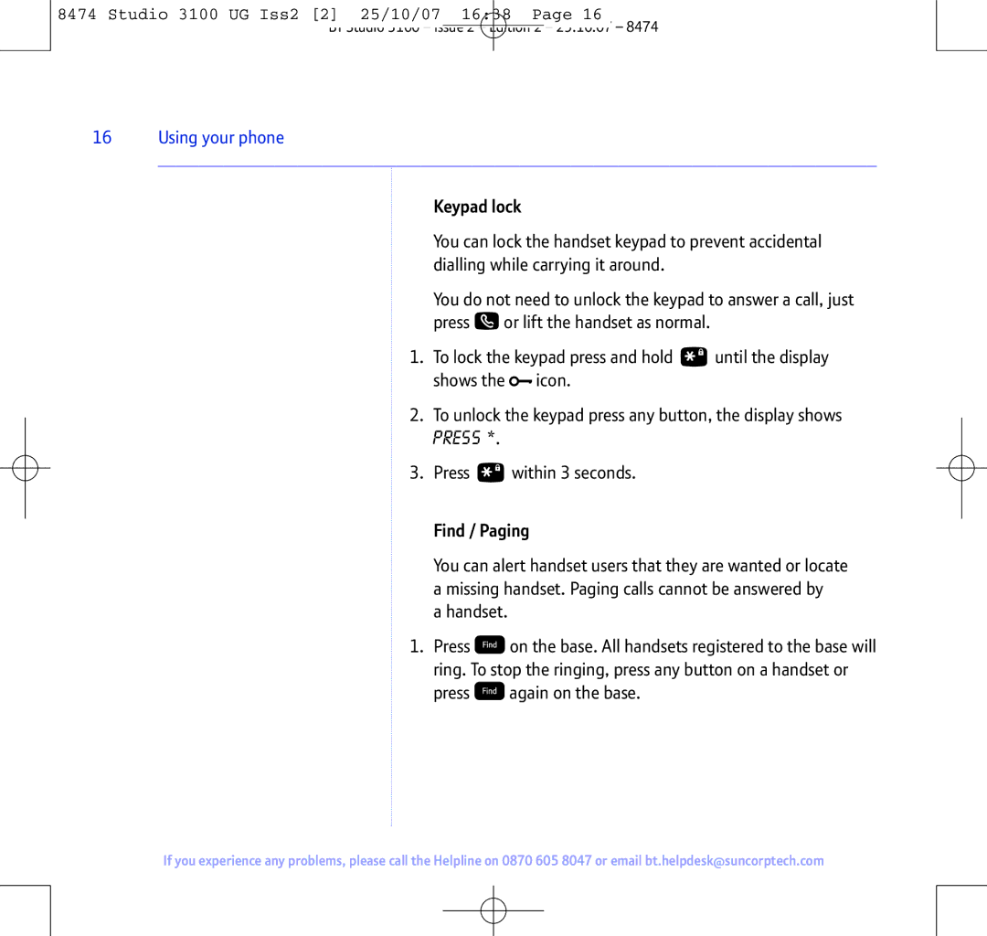 BT Studio 3100 manual Keypad lock, Find / Paging 