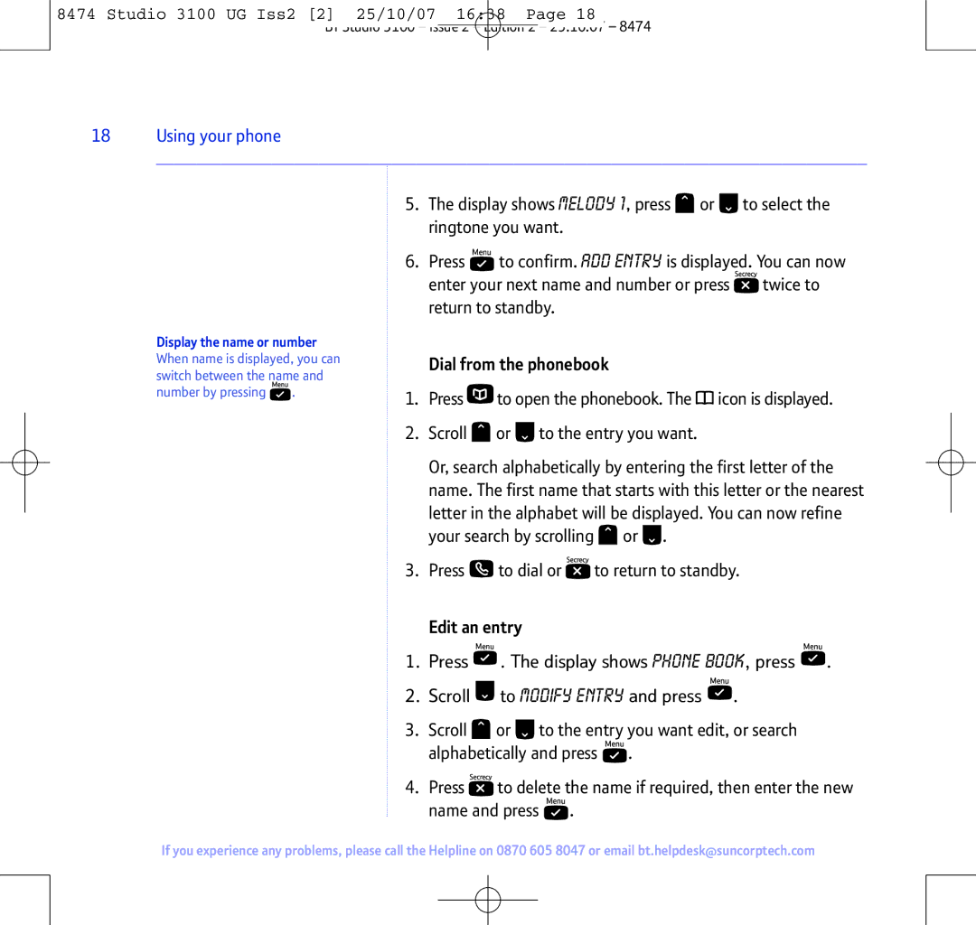 BT Studio 3100 manual Dial from the phonebook, Edit an entry 