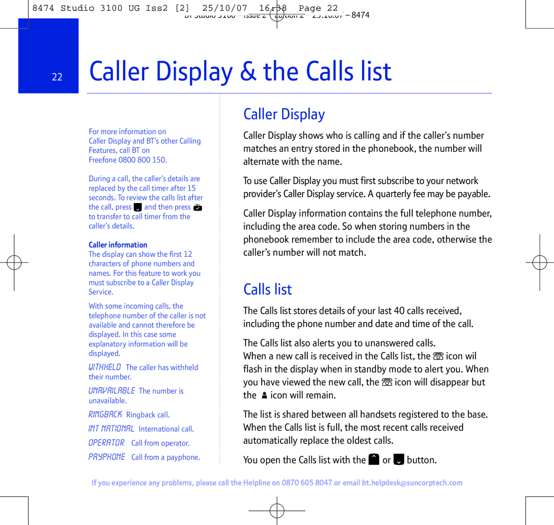 BT Studio 3100 manual Caller Display & the Calls list, Caller information 