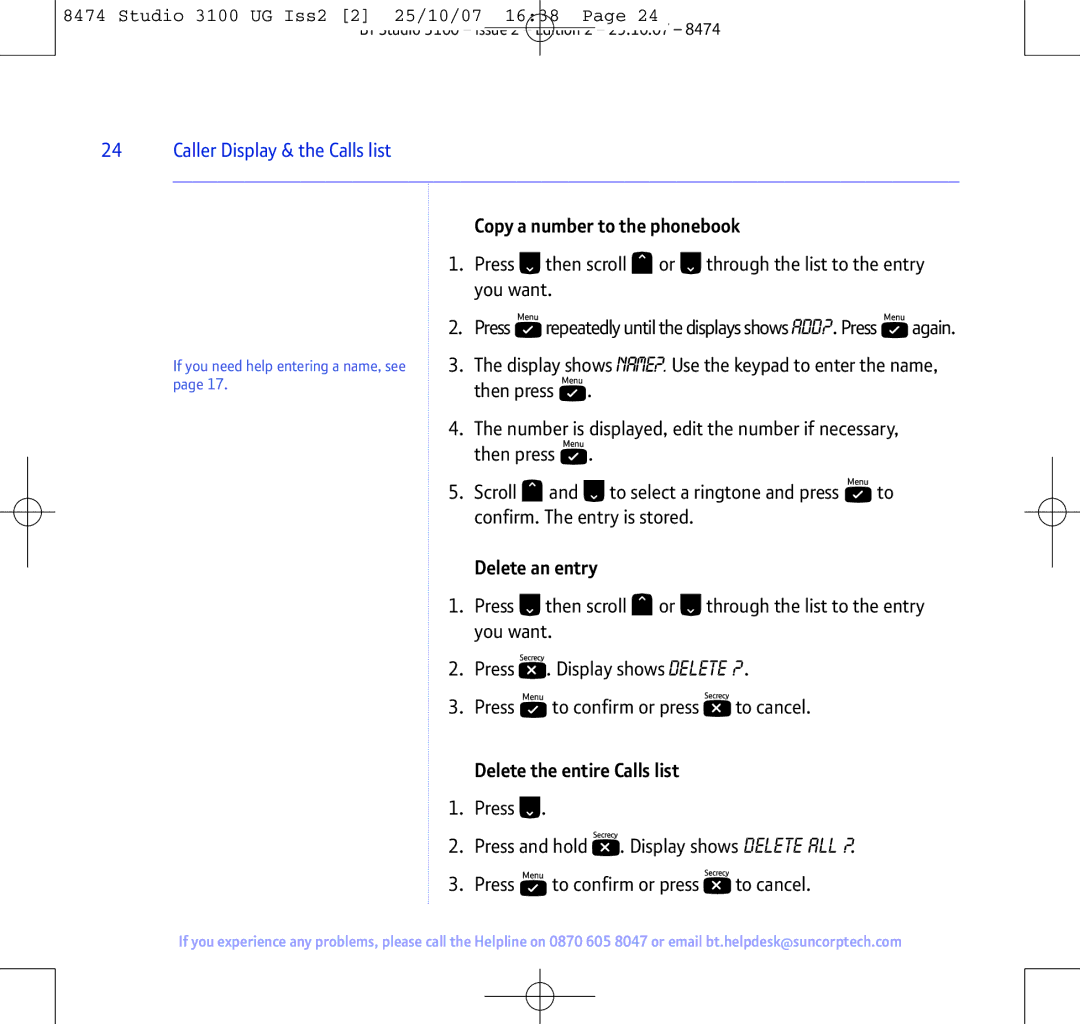 BT Studio 3100 manual Copy a number to the phonebook, Delete the entire Calls list 