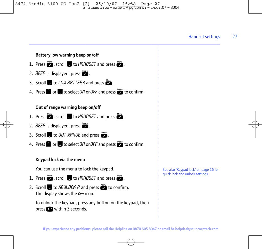BT Studio 3100 manual Battery low warning beep on/off, Out of range warning beep on/off, Keypad lock via the menu 