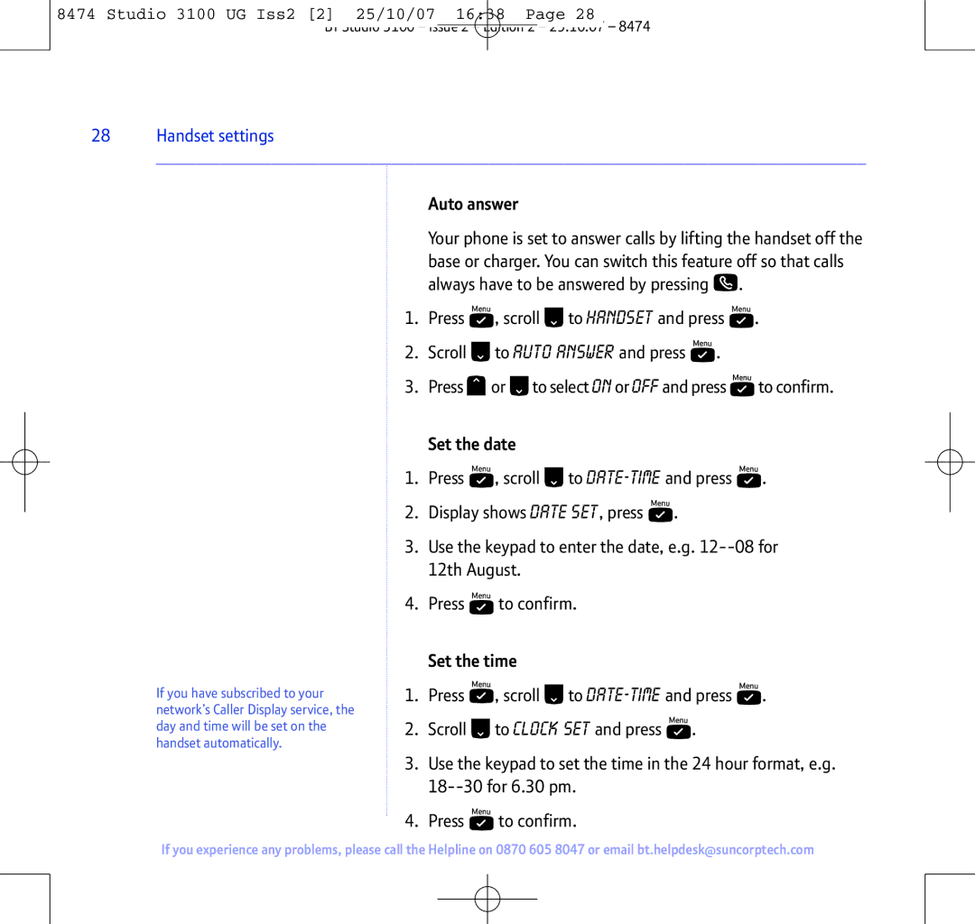 BT Studio 3100 manual Auto answer, Set the date, Set the time 