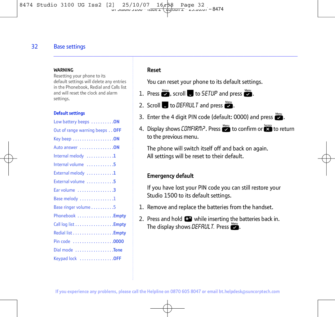 BT Studio 3100 manual Reset, Emergency default, Default settings 