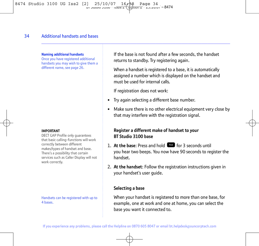 BT Studio 3100 manual Selecting a base, Naming additional handsets 