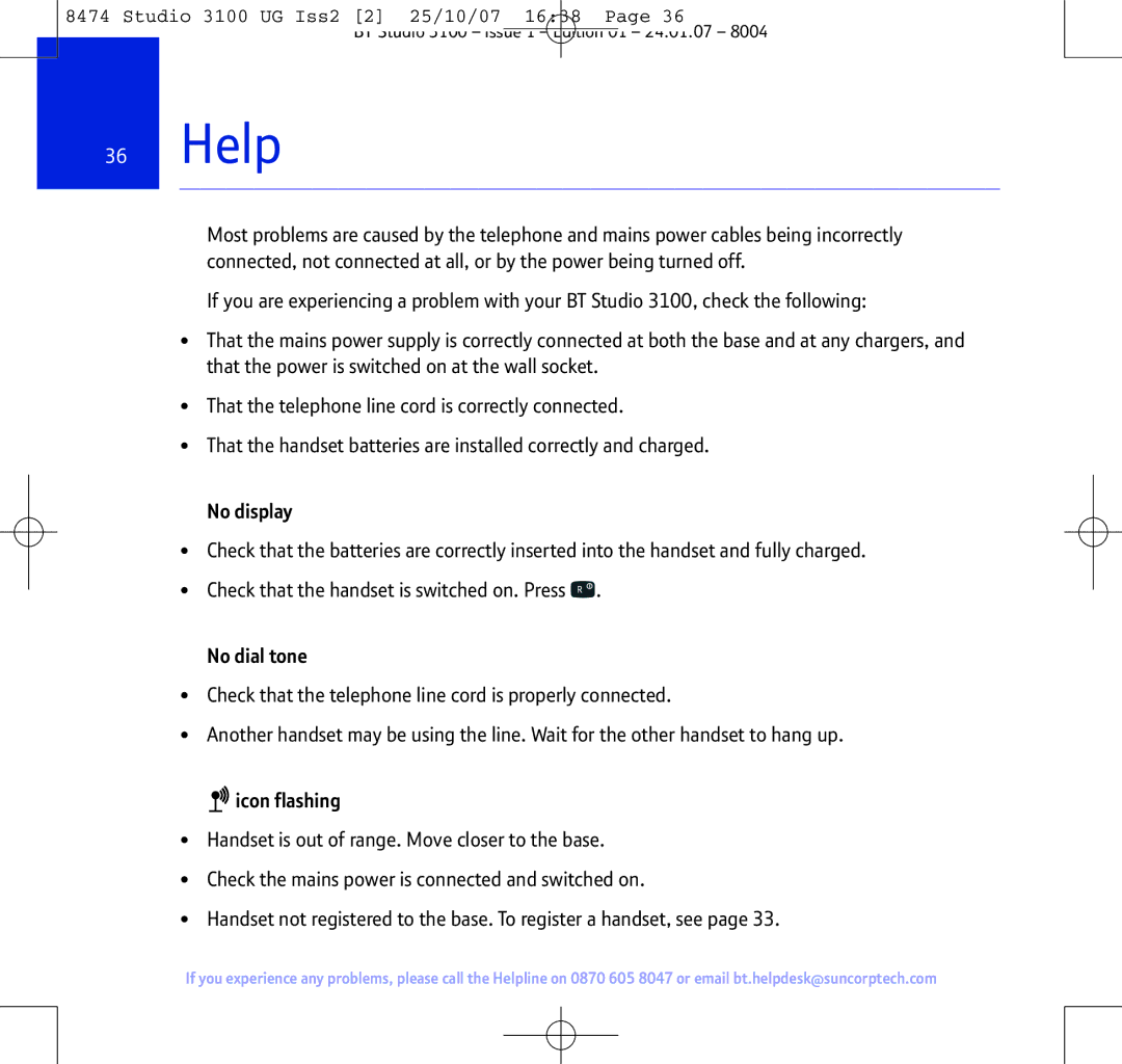 BT Studio 3100 manual Help, No display, No dial tone, Icon flashing 