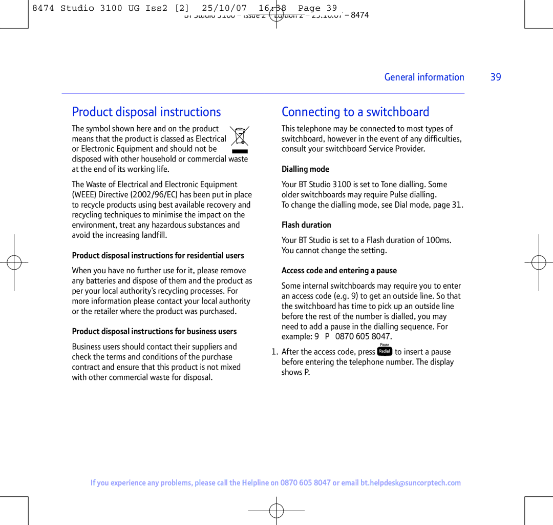 BT Studio 3100 manual Product disposal instructions 